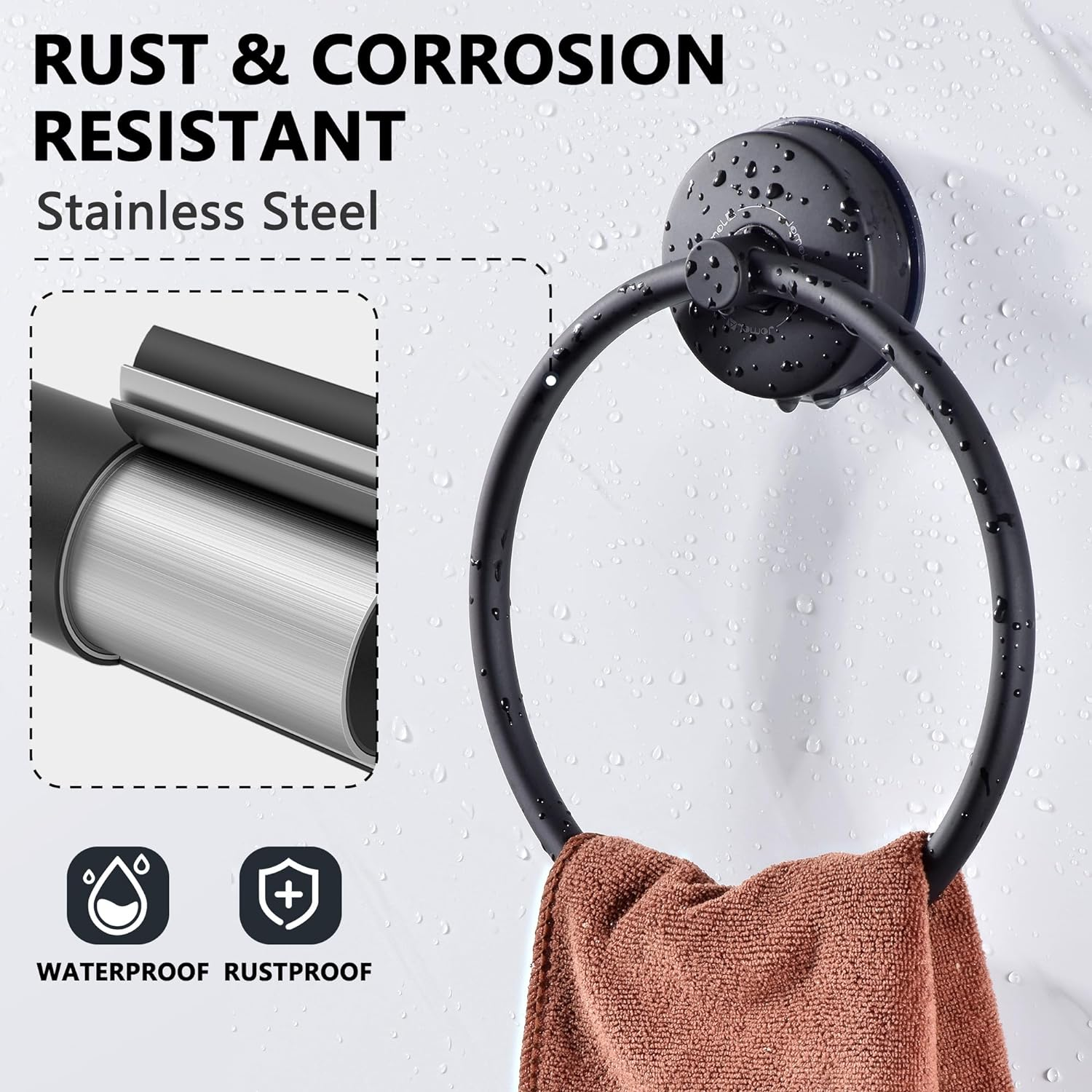 Towel Ring JOMOLA Suction Cup Bathroom Towel Holder Stainless Steel Hand Towel Storage Hanger for Kitchen Shower Bath Towel Rack Bathroom Accessories Wall Mounted Matte Black
