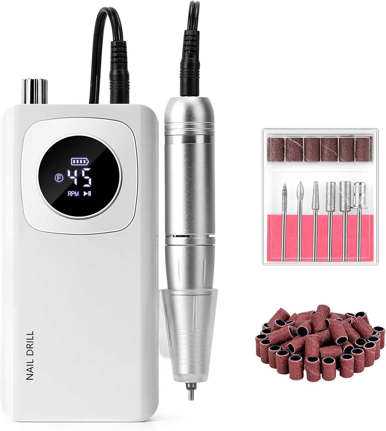 Rechargeable Electric Nail File Professional: Madenia 45000RPM Portable Efile Nail Drill Kit, Cordless E File Nail Drill Machine for Acrylic Gel Nails Salon Home Manicure Use, White