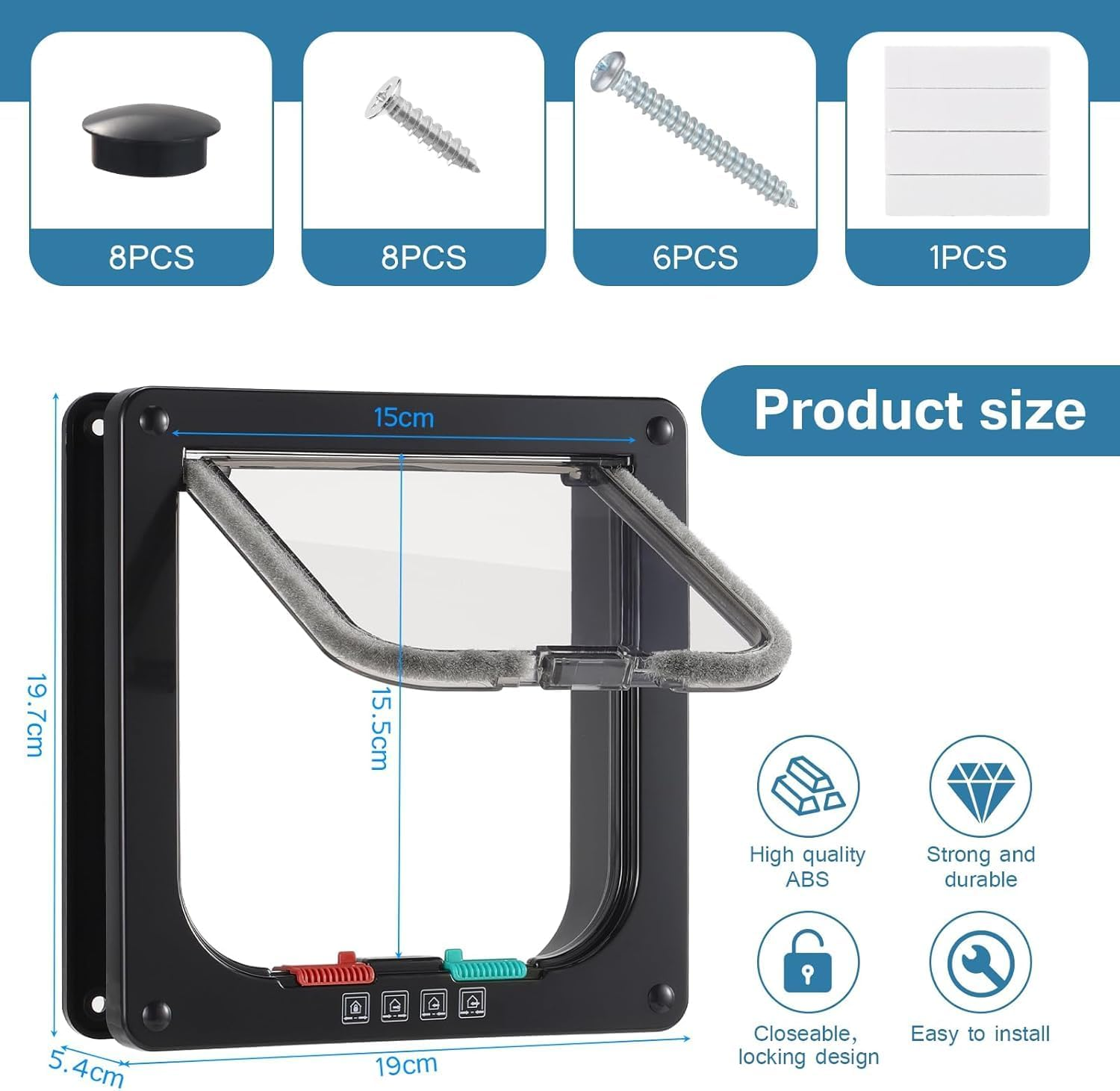 Aymxcls Cat Door Safety Pet Sliding Door with 4 Way Lock, Weatherproof Cat Flap for Interior Exterior Door Window Wall image number 6