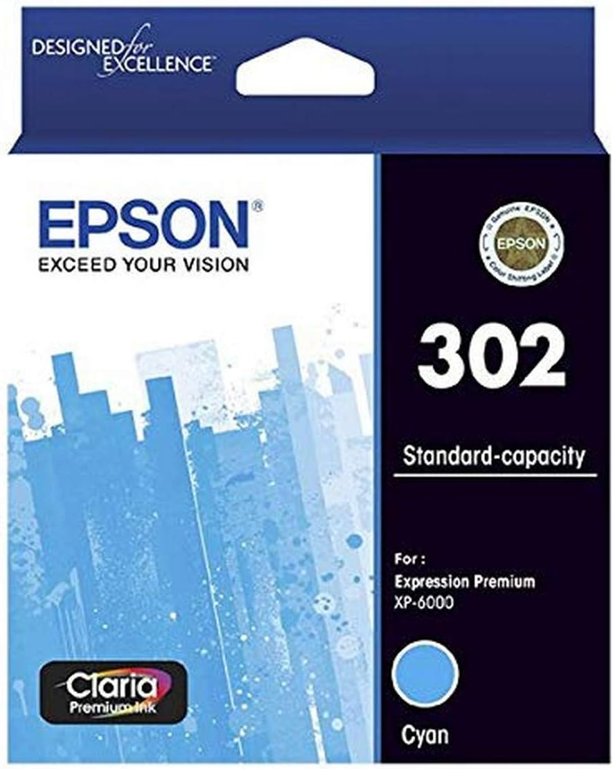 Epson 302 - Std Capacity Claria - Cyan Ink for Expression Premium XP-6000 and XP-6100, Single Pack, C13T01W292