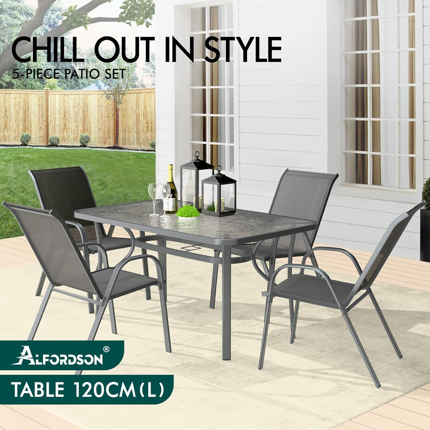 ALFORDSON Outdoor Dining Set, 5 Pcs Garden Patio Furniture with Patio Table and Chairs, All-Weather Textilene Fabric Indoor Bar Set for Patio, Garden, Lawn, Balcony and Swimming Pool Side, Grey Color image number 5
