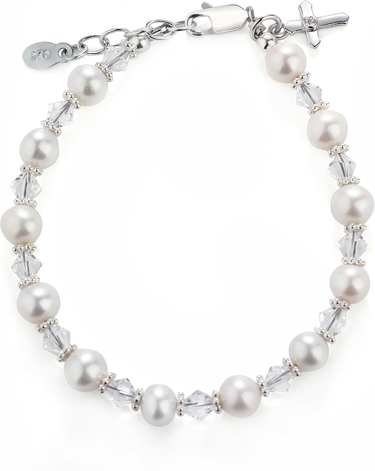 Children'S Sterling Silver Cross Bracelet And/Or Necklace with Cultured Pearl and High End Crystal for First Communion, Baptism or Christening image number 6