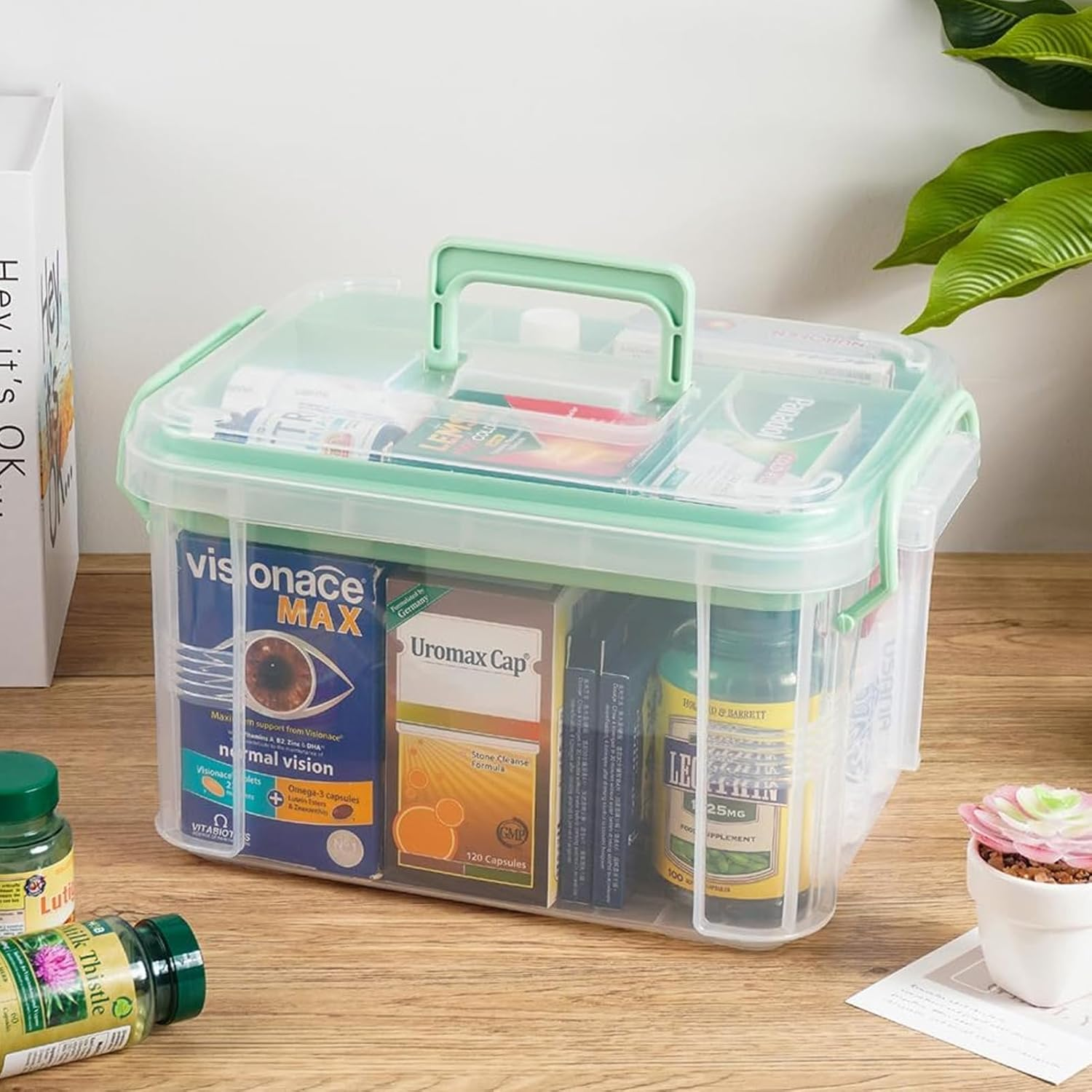 Clear Medicine Organizer Storage Box Large Capacity Plastic Pills Box Thickened Medicine Container Chest Multipurpose Medical Case with Labels Medical Home Storage & Organisation with Lids Handles image number 2