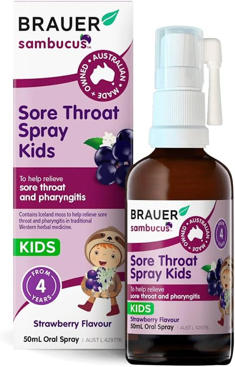 Sambucus by Brauer Health Kids Sore Throat Oral Spray, Strawberry Flavour, with Iceland Moss, Elderberry & Liquorice, Soothing Relief for Sore Throats & Cough, 50ML image number 2