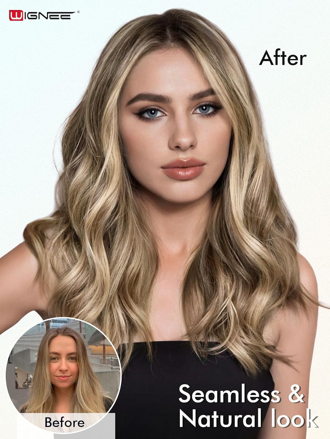 WIGNEE OVO Hair Extensions Real Human Hair Wefts Blonde Ombre 18 Inch Seamless Invisible Glueless Salon Quality with Micro Beads Add Volume & Length for White Women(9A/60) image number 1