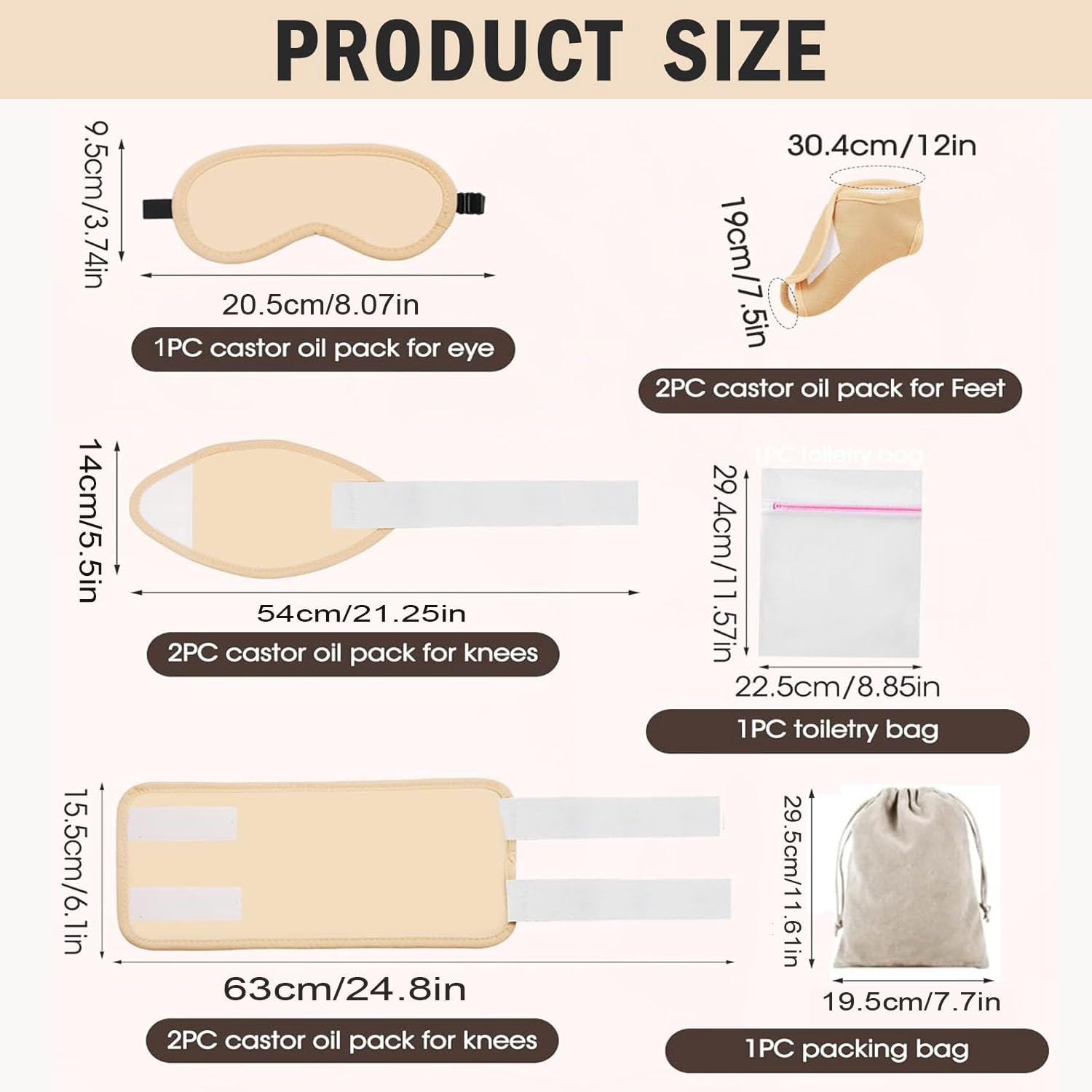 Lxcshljx 9Pcs Castor Oil Packs, Reusable Castor Oil Packs Wrap, Washable Organic Cotton Castor Oil Pack Kit, Adjustable Elastic Straps Compress Pads Packs for Eyelashes, Eyebrows, Knees, Legs, Feet image number 1