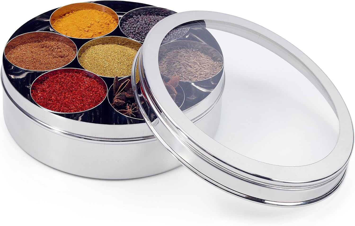 7116 Spice Box/Masala Dabba with 7 Comparments and 2 Stainless Steel Lid, 22 Cm, Silver - 22 Cm, Transparent Lid