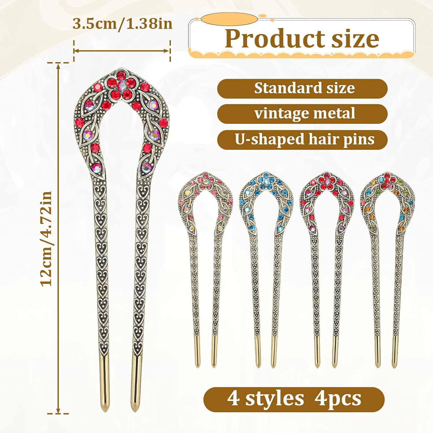 Sibba French Hair Pins 4 Pcs U Shape Hair Fork Pins Chopsticks Hairpins Picks Metal Hair Sticks Hairclips Vintage Long Hair Hairstyle Accessories for Bun Braids Women image number 4