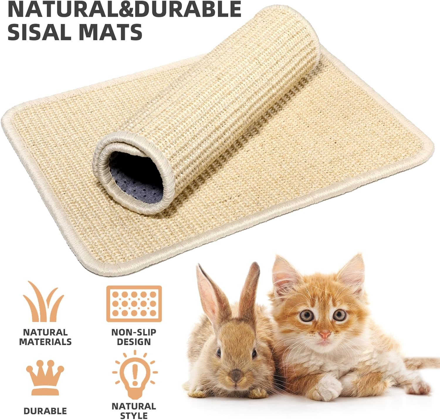 Uotey 2-Piece Sisal Scratching Pad, Natural Sisal Cat & Rabbit Scratcher, Small Animal Scratch Pad Rug, Indoor Horizontal Cat Scratching Mats, Furniture Protector (Beige) image number 4
