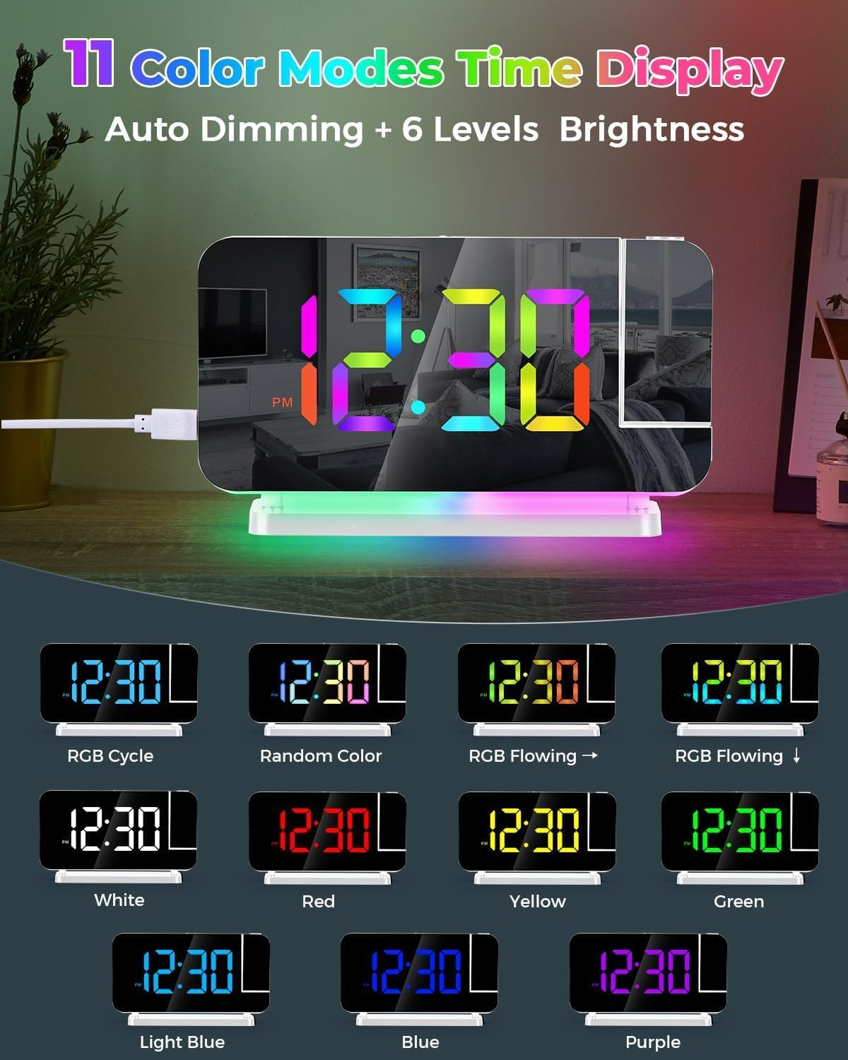 Projection Alarm Clock,7.4" LED Mirror Digital Clocks Large Display,With 180&deg; Rotatable Projector,Rgb Night Light,Usb C Port,Auto Dimmer (White) image number 5