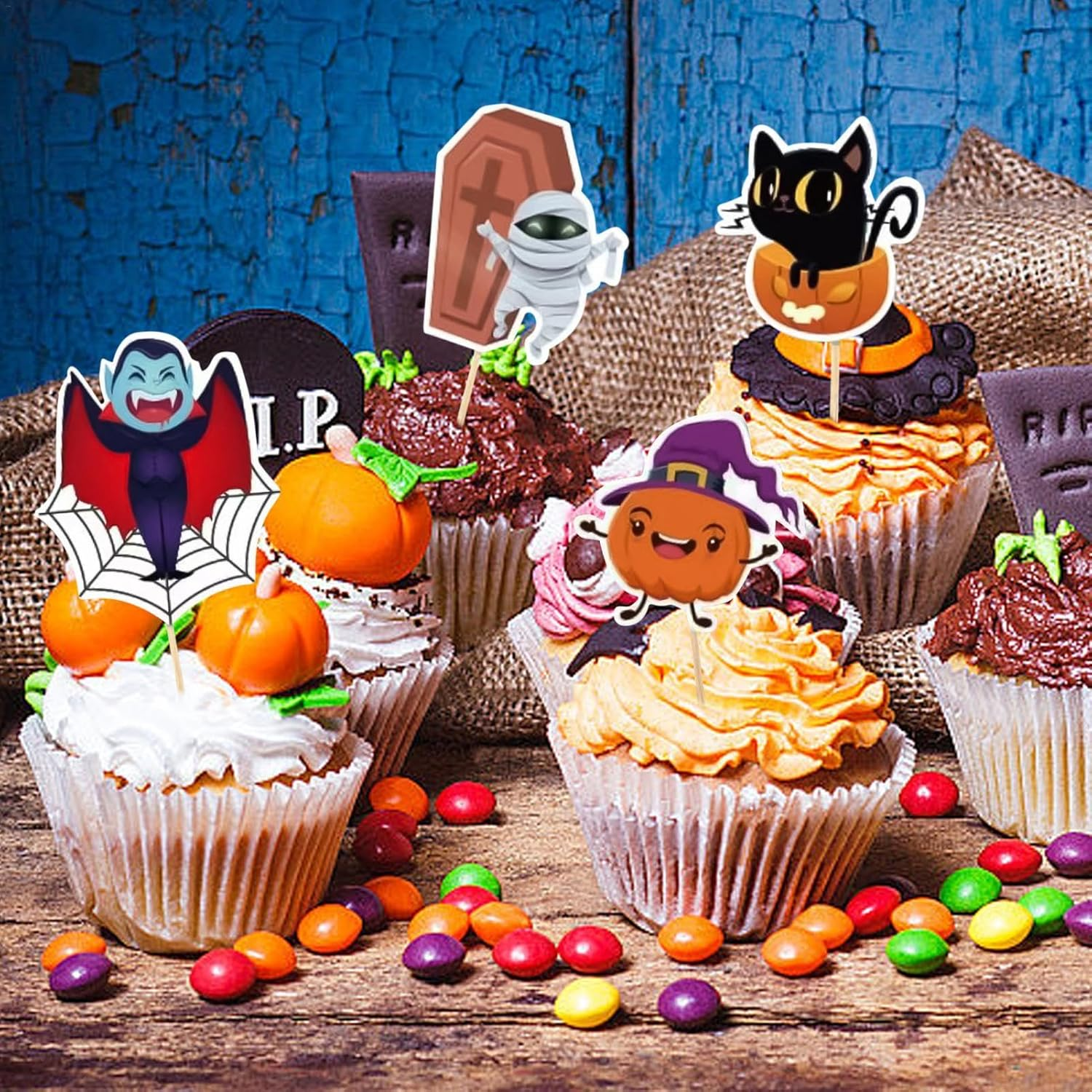Halloween Dessert Toppers - 7X Cat Cake Decorations,Castle, Zombie, Ghost, Witch, Black Cat, Vampire, Pumpkin Fruit Food Cake Topper for Birthday image number 5