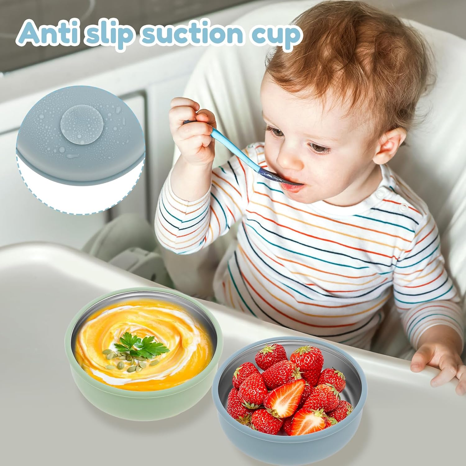 4 Pcs 304 Stainless Steel Baby Bowl with Removable Silicone Shell,Nonslip Baby Food Bowl with Suction for Toddlers 4 Colors Se image number 2