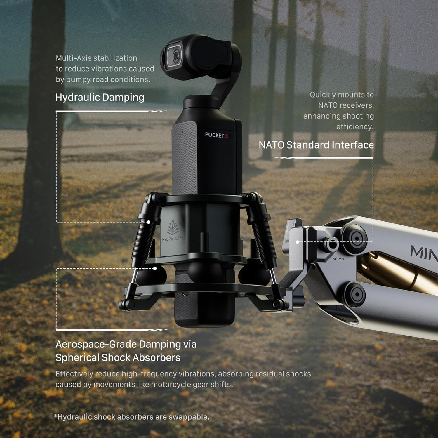 Tilta Hydra Alien Mini Biking Kit, Shock Absorbing Arm with Handlebar Mount, Pocket 3 Shock Absorbing Head - Titanium Grey HDA-T15-D-TG image number 4