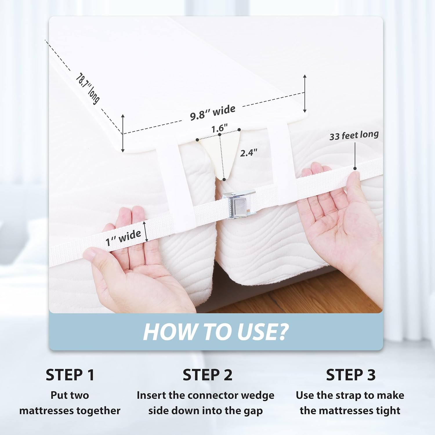 Ruili Bed Bridge Twin to King Converter Kit - Mattress Connector with Strap - Extra Wide Soft Bed Gap Filler - Adjustable Comfortable Bed Connector - Storage Bag Included (Cotton) - White image number 6