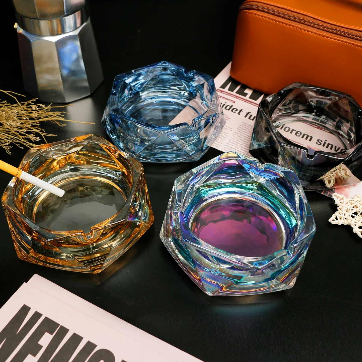 Glass Ashtray for Cigarettes, Tabletop Ashtray and Modern Decoration for Home Office Bar Restaurant Indoor Outdoor (Orange Small Size) image number 2