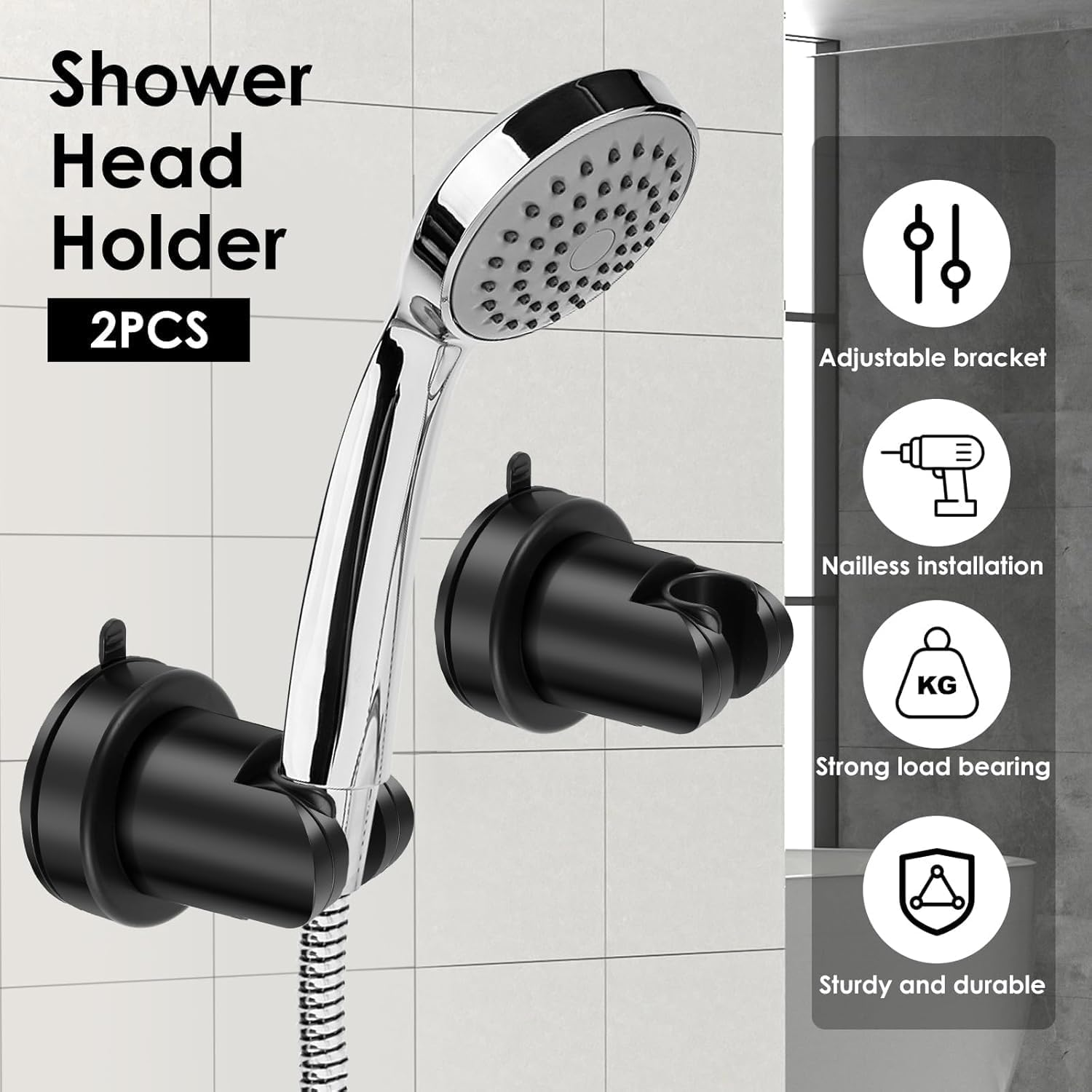 No-Drill Suction Cup Shower Head Holder, 2Pcs Wall Mount Shower Head Bracket with Vacuum Suction Cup,Vacuum Suction Cup Shower Head Holder,Black Vacuum Suction Cup Removable Shower Head Holder image number 3