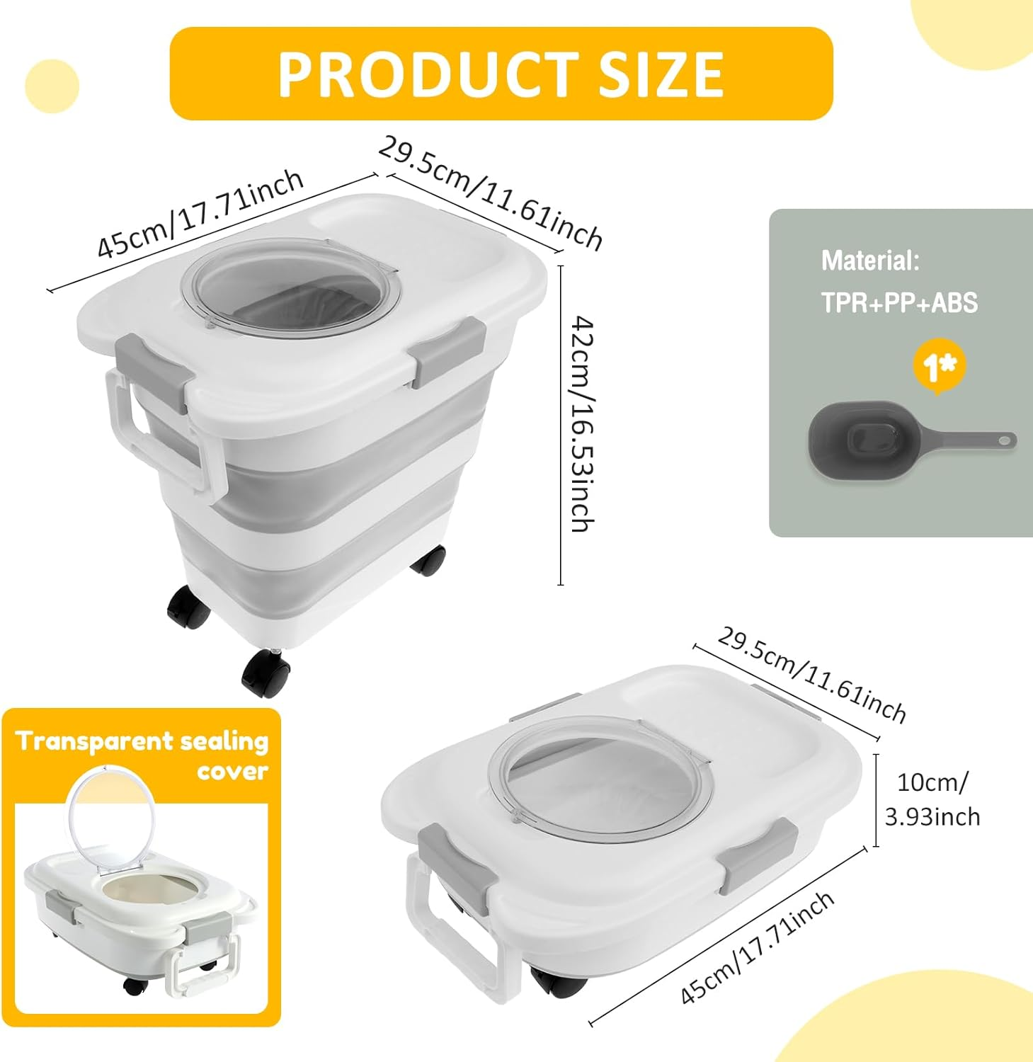 LYIYEYAN Plastic Dog Food Storage Container with Attachable Casters and Scoop, Handle Design, Large Capacity Collapsible Pet Food Container, Keep Fresh, Airtight Dog Food Bin for Home Travel