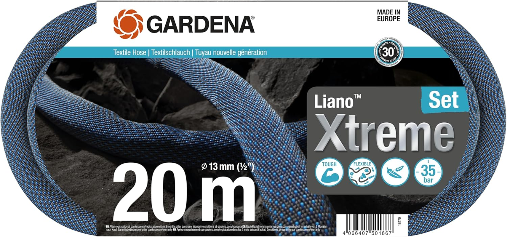 Gardena Liano Xtreme 1/2 Inch, 20M Set: Extremely Robust Textile Garden Hose, for Indoor Water Taps, with PVC Inner Tube, Lightweight, Weather-Resistant (18470-20)