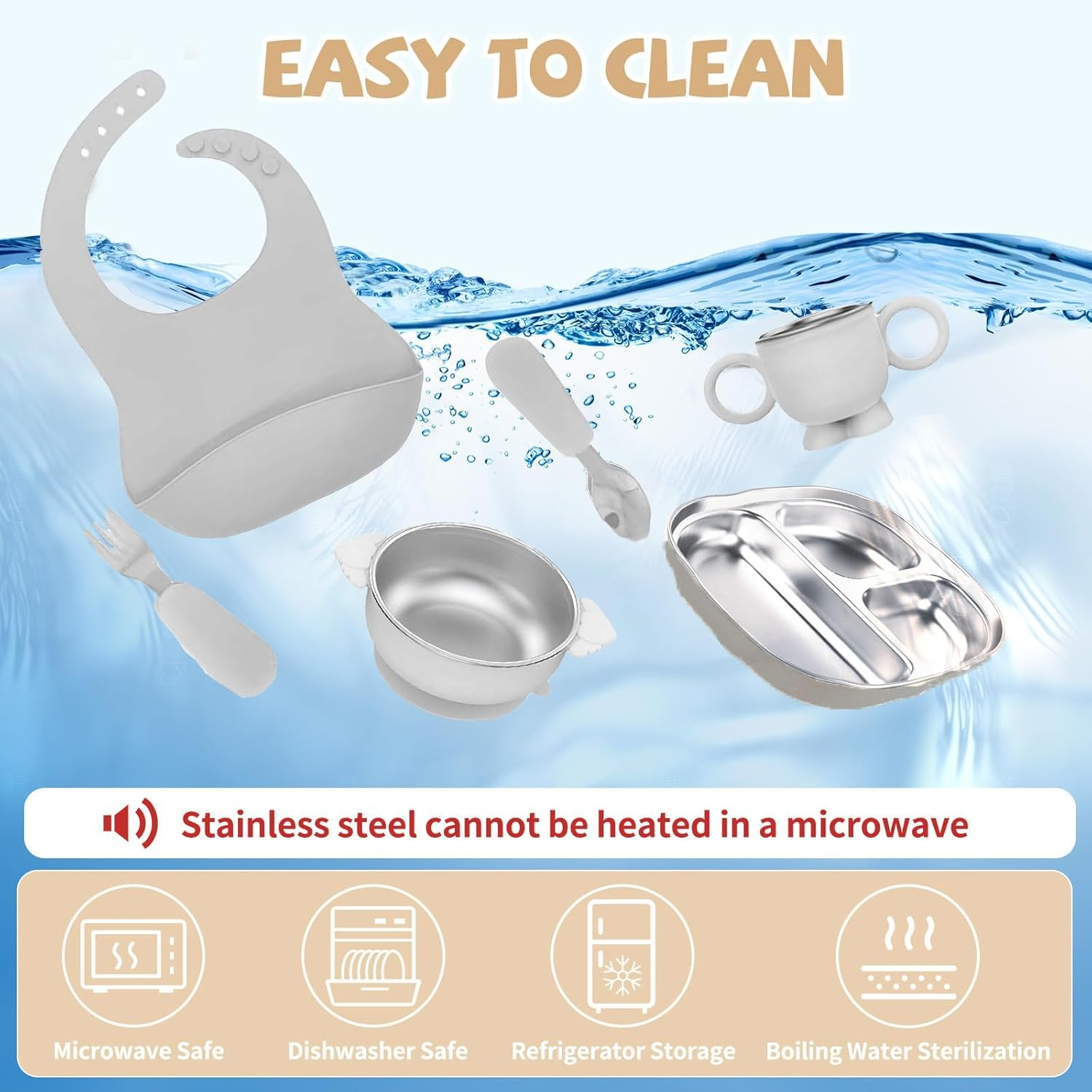 6 Pcs Stainless Steel Kids Plates and Bowls Set with Suction, Contain Deep-Divide Toddler Plates, Bowls, Cup, Utensils & Bib &ndash; Bpa-Free 304 Steel + Silicone Suction &ndash; Dishwasher Safe (Grey) ﻿ image number 3
