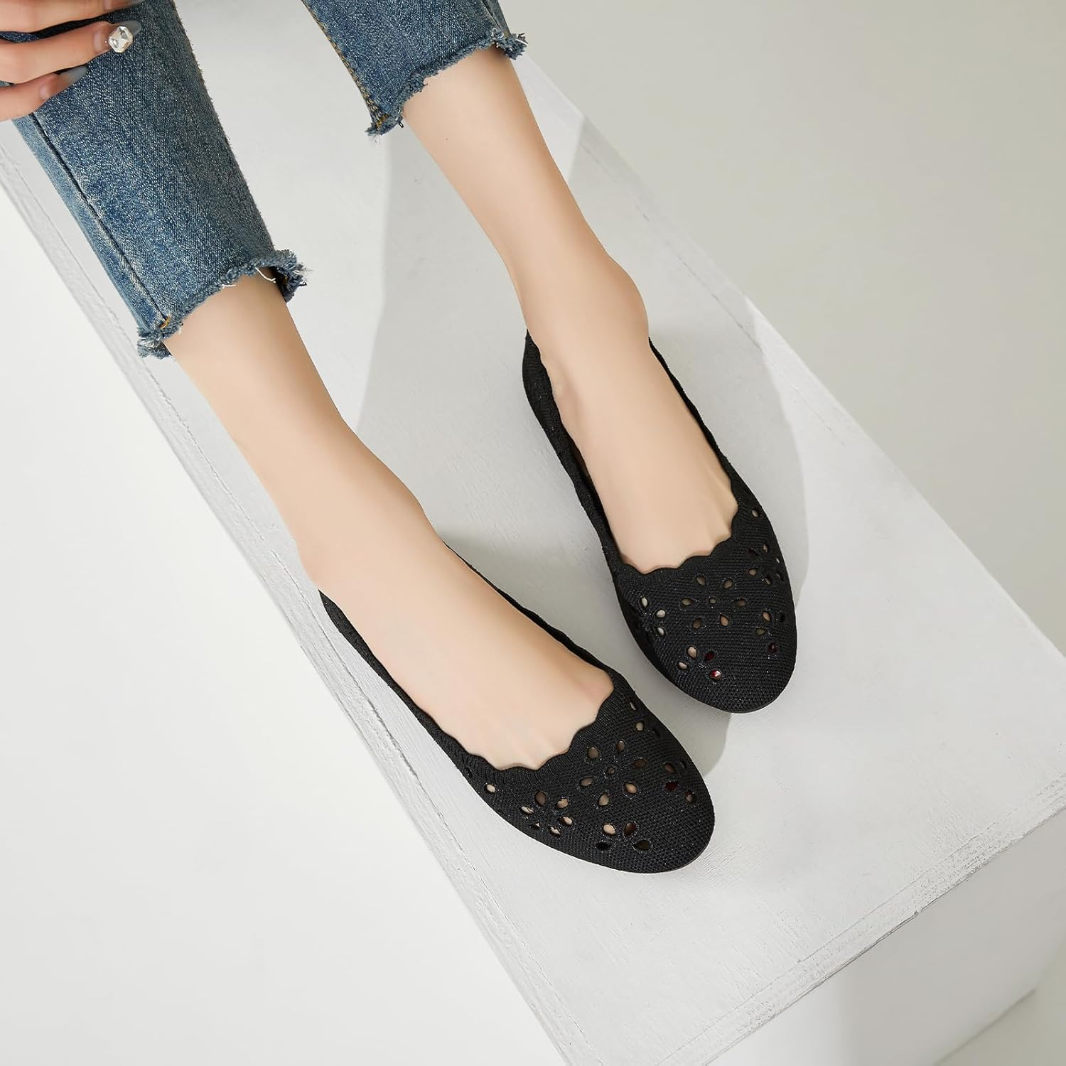 BABUDOG Knit Ballet Flats Shoes for Women,Womens Flats Dressy Comfortable,Women&rsquo;S Dress Shoes with Flower Eyelets,Slip on Casual Walking Flats image number 6