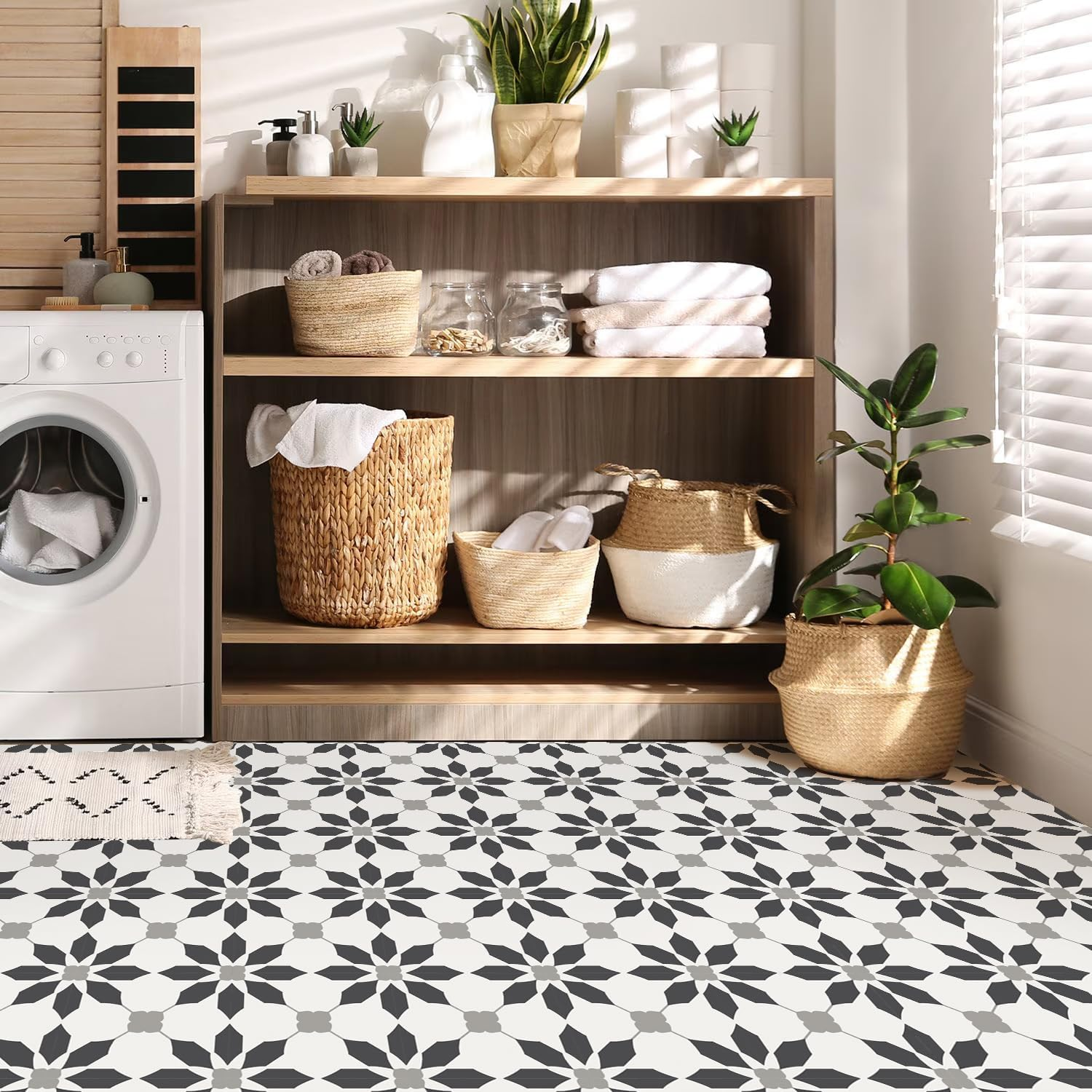 MORCART Peel and Stick Floor Tiles, Waterproof Removable Stick-On Floor Tiles, Self-Adhesive Vinyl Flooring for Bathroom, Kitchen, Entryway, Easy Home DIY (20X20Cm, 10 Sheets, Charcoal)