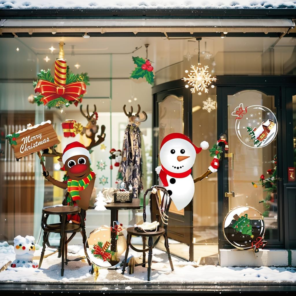 Christmas Window Clings, T Tersely 8 Sheets Stickers, Snowflake Snowman Santa Reindeer Window Stickers,Removable Static Window Stickers, for Christmas Window Decoration image number 2
