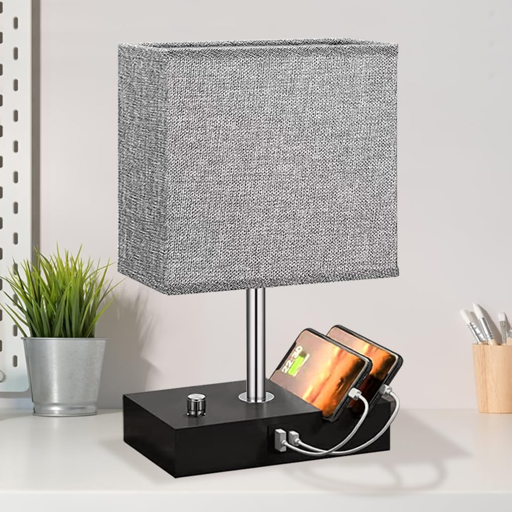 Clora Bedside Lamp with USB A+C Charging Ports, Dimmable Table Lamp with 2 Phone Stands and Fabric Shade 6W LED Bulb Included Nighstand Light for Living Room Bedroom Home Office Dorm Gift