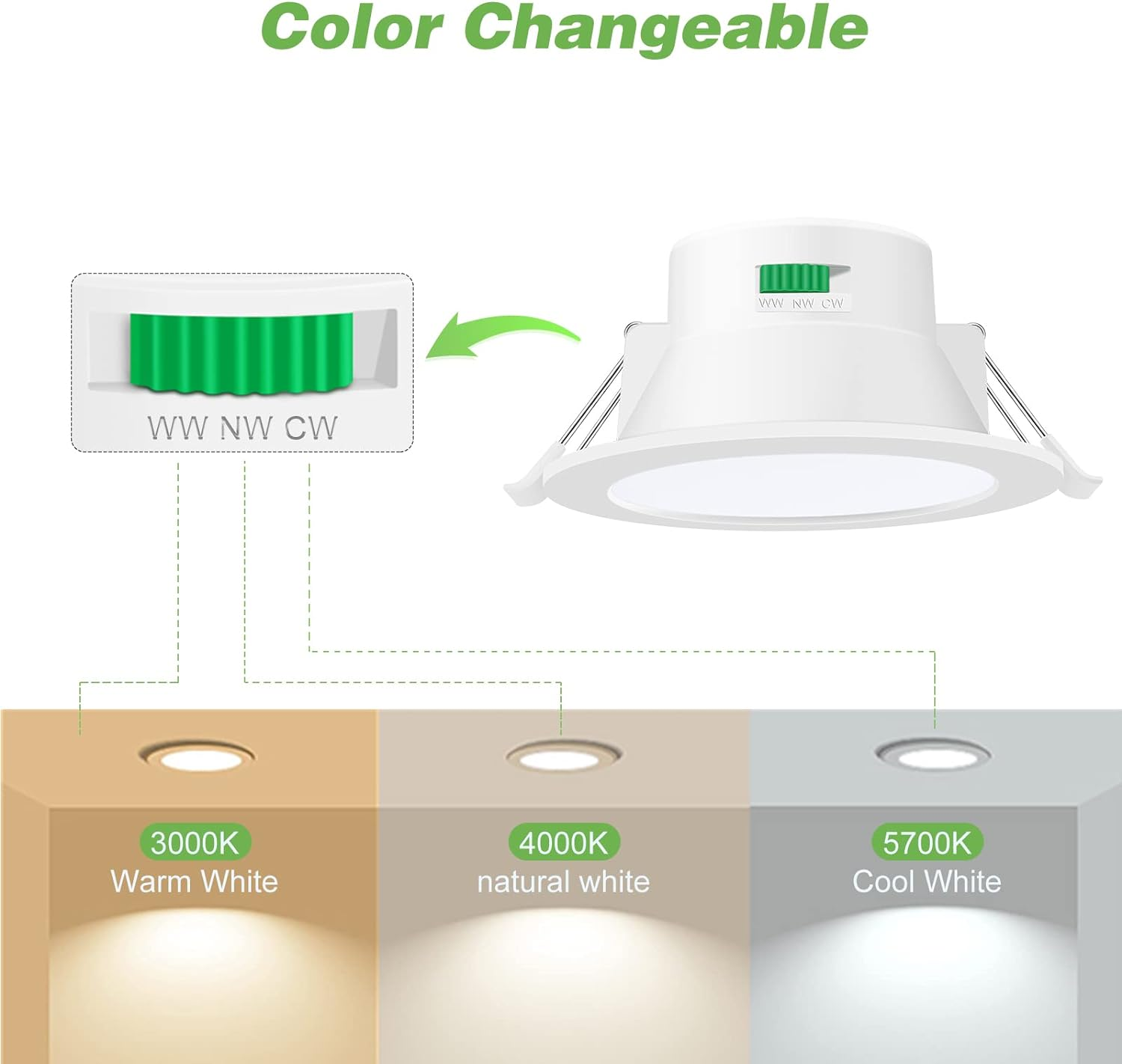 ALUSSO 14W LED Downlight Kit 120Mm Cutout Dimmable IP44 Recessed Ceiling Light with CCT 3 Lighting Colors Adjustable 3000K Warm/ 4000K Neutral/ 5700K Cool, White, Pack of 10,AUS Plug image number 5