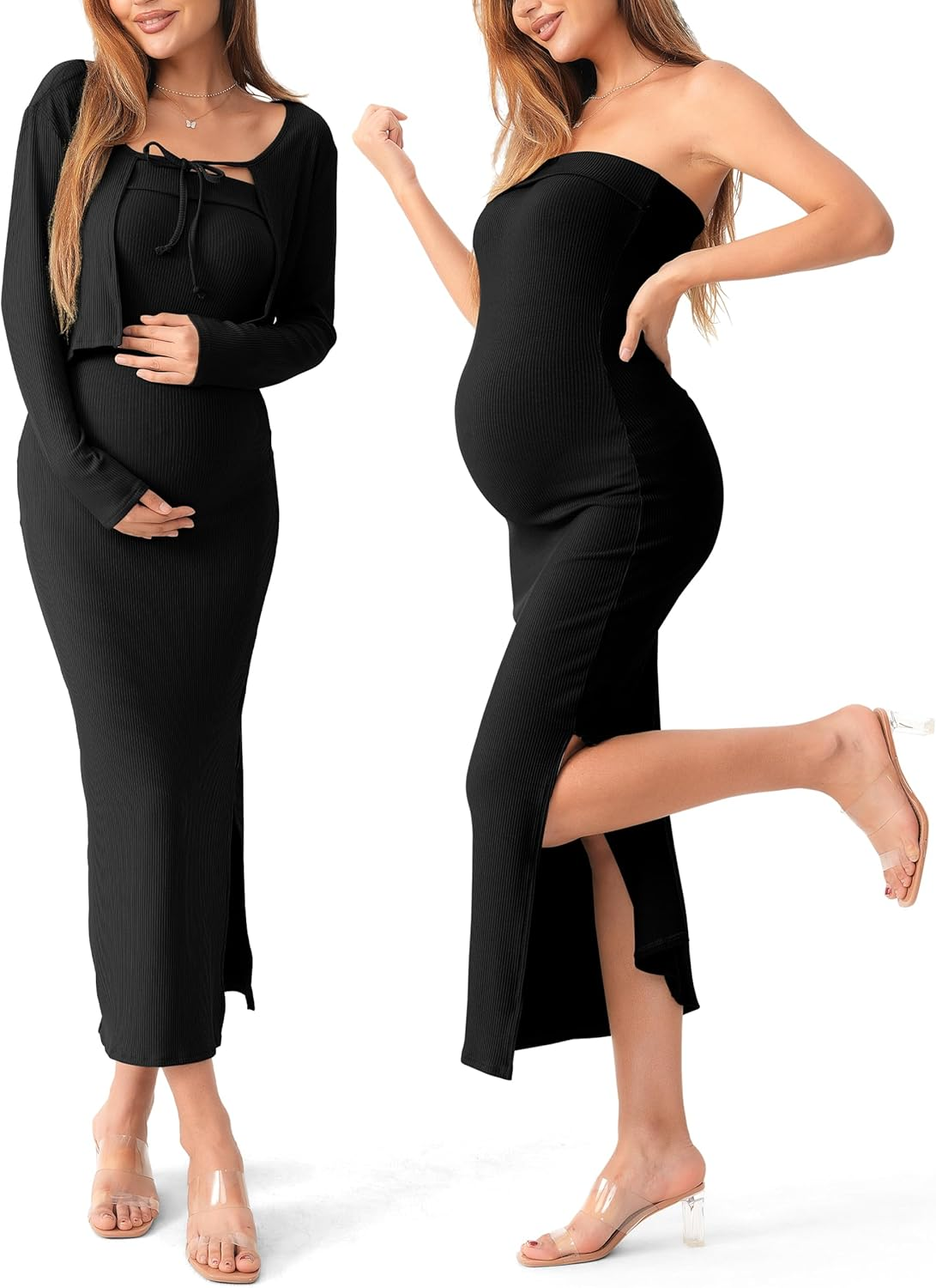 SUNNYBUY Baby Shower Maternity Tube Dress Short Cardigan Bodycon Ribbed Maxi Dress Casual 2 Piece Pregnancy Outfit Set, Black, Xx-Large image number 3