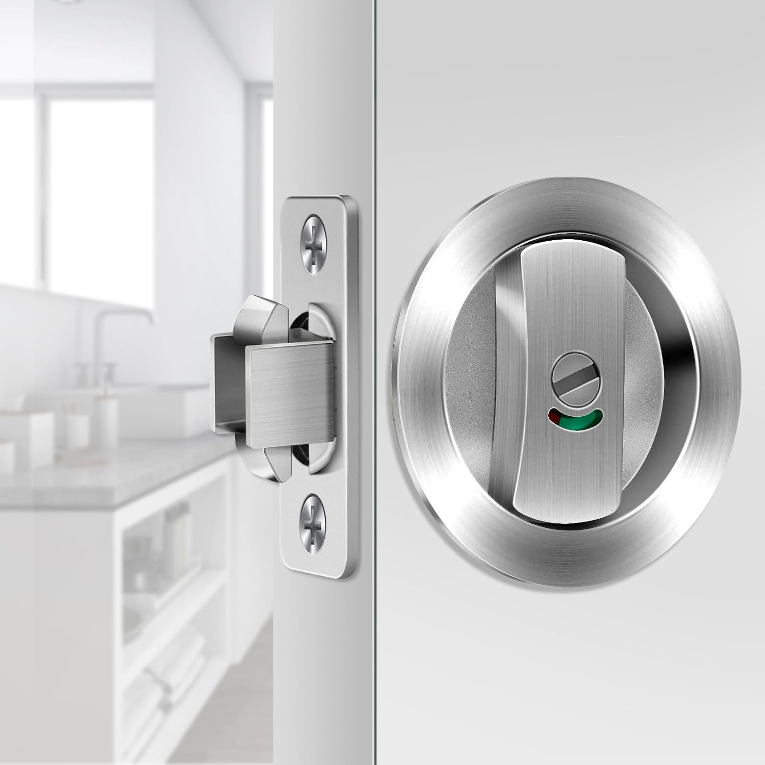 Round Pocket Door Lock Set Thickened Zinc Alloy Sliding Pocket Door Lock Hardware Kit Brushed Silver Pocket Doors Latch for Bathroom Sliding Doors (Ritz Silver (Round Double Hook)) image number 1