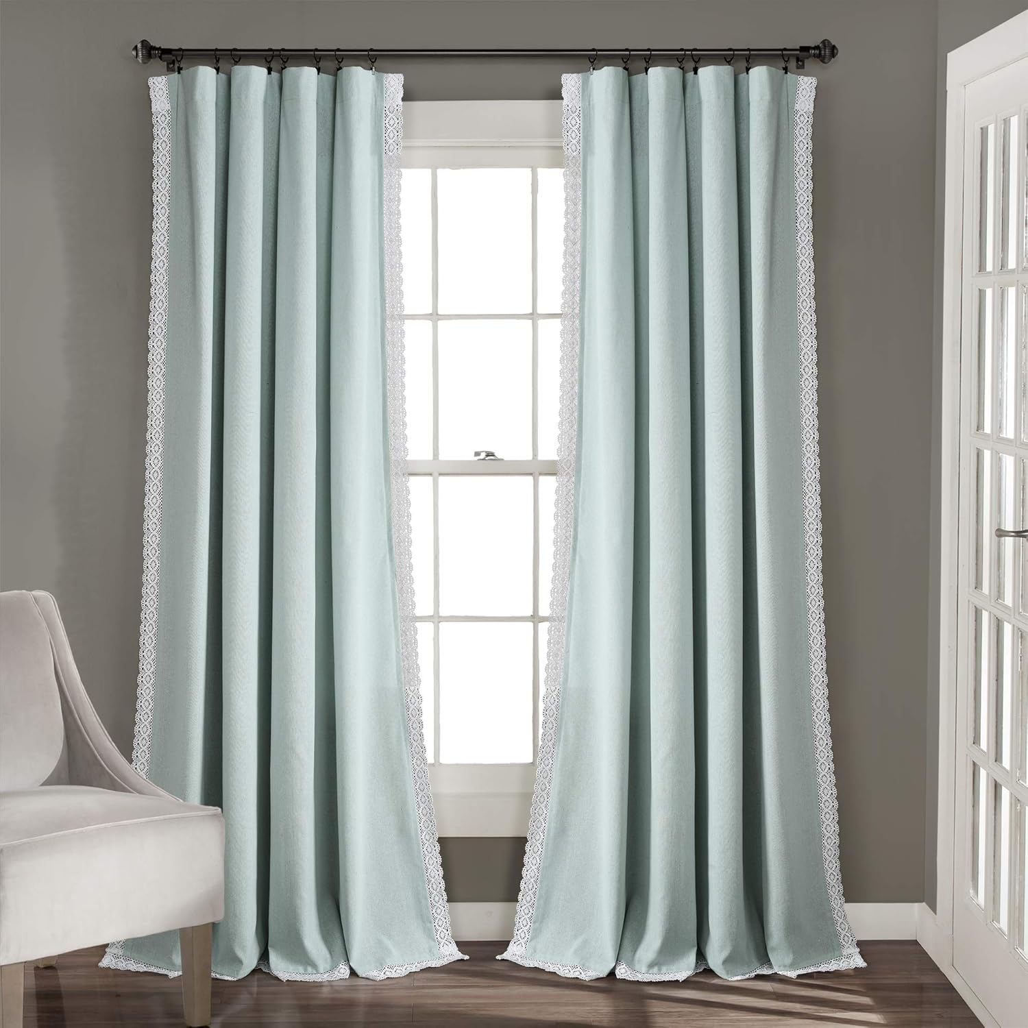 Lush Decor Rosalie Light Filtering Window Curtain Panel Set- Pair- Vintage Farmhouse & French Country Style Curtains - Timeless Dreamy Drape - Romantic Lace Trim - 54" W X 84" L, Blue