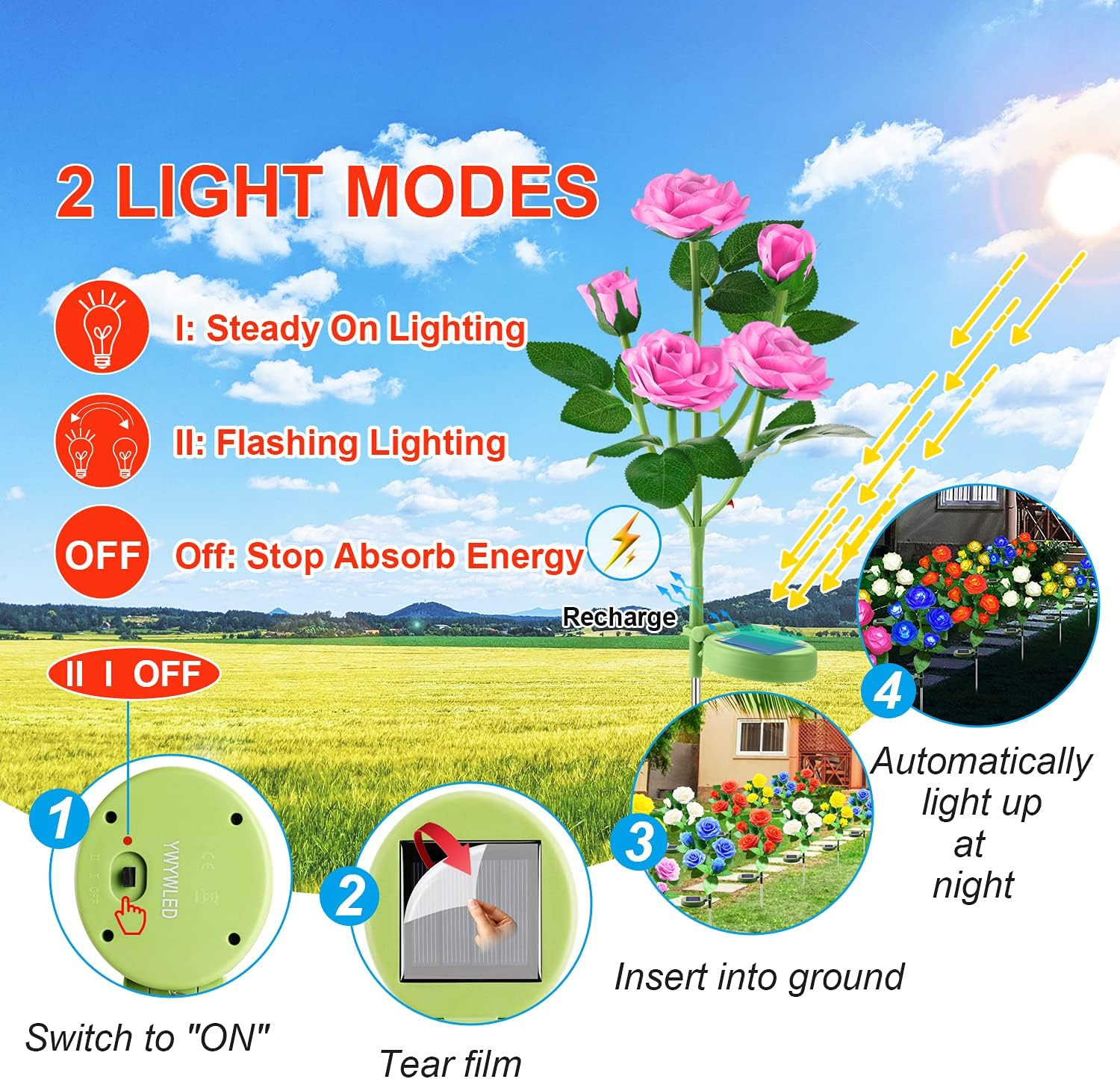 Solar Flower Lights Outdoor - Upgraded New Material Two Modes Realistic LED Solar Powered Waterproof Lights with 5 Roses, Solar Decorative Stake Lights for Garden Patio Yard Pathway Lawn(Pink) image number 6
