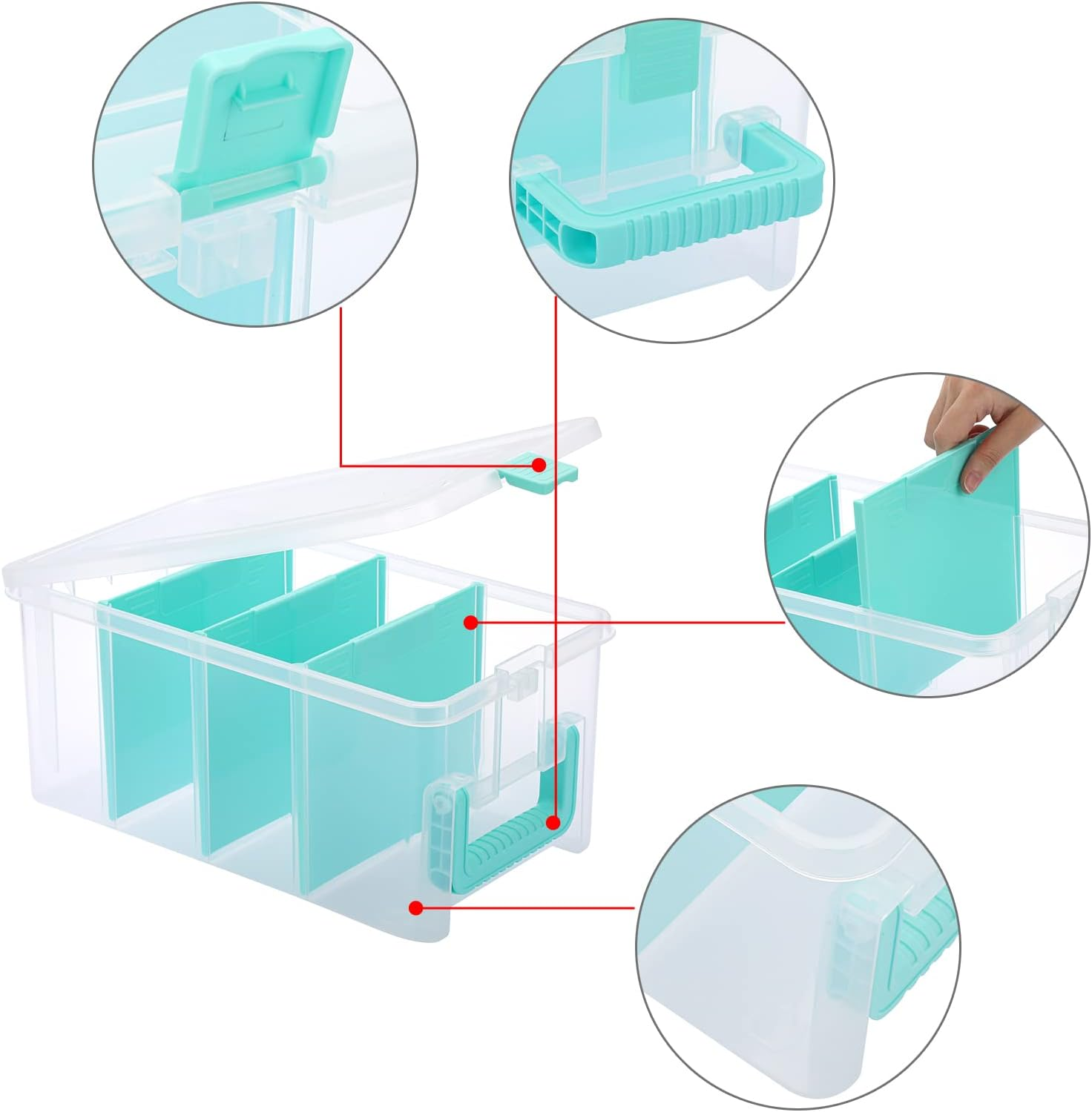 OGA Plastic Transparent Storage Box with Lid, Multi-Purpose Organiser with Carry Handle and 3 Removable Compartments, Dustproof Box for Crafts, Crafts (35.2 X 20 X 15.8 Cm) Modern Home Decoration image number 1