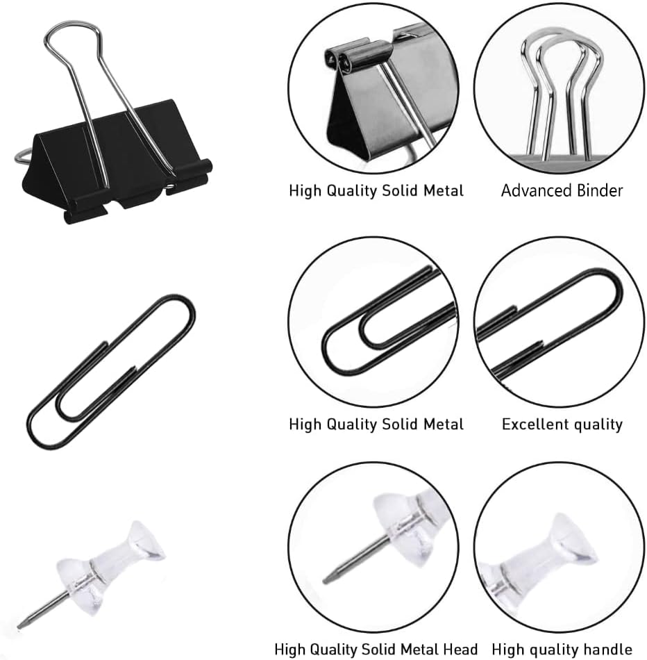 Paper Clips and Binder Clips Set, Metal Assorted Sized Binders with Push Pins, Black Office Supplies for Desk, Durable Desk Accessories - Black image number 6