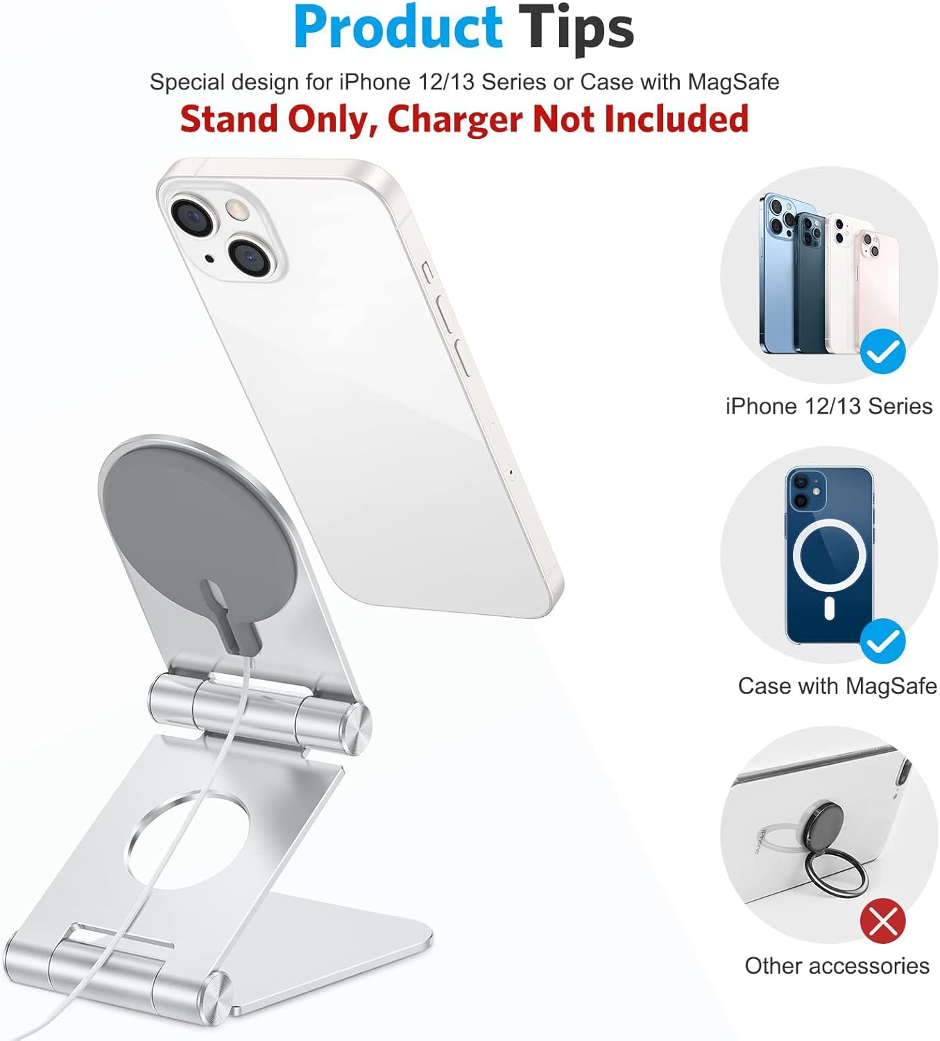 OMOTON Stand for Magsafe Charger, Foldable Phone Stand Holder for Magsafe Accessories， Compatible with Iphone 16/15/14/13/12 Pro Max/Pro, [Charger for Magsafe Not Included], Silver image number 4