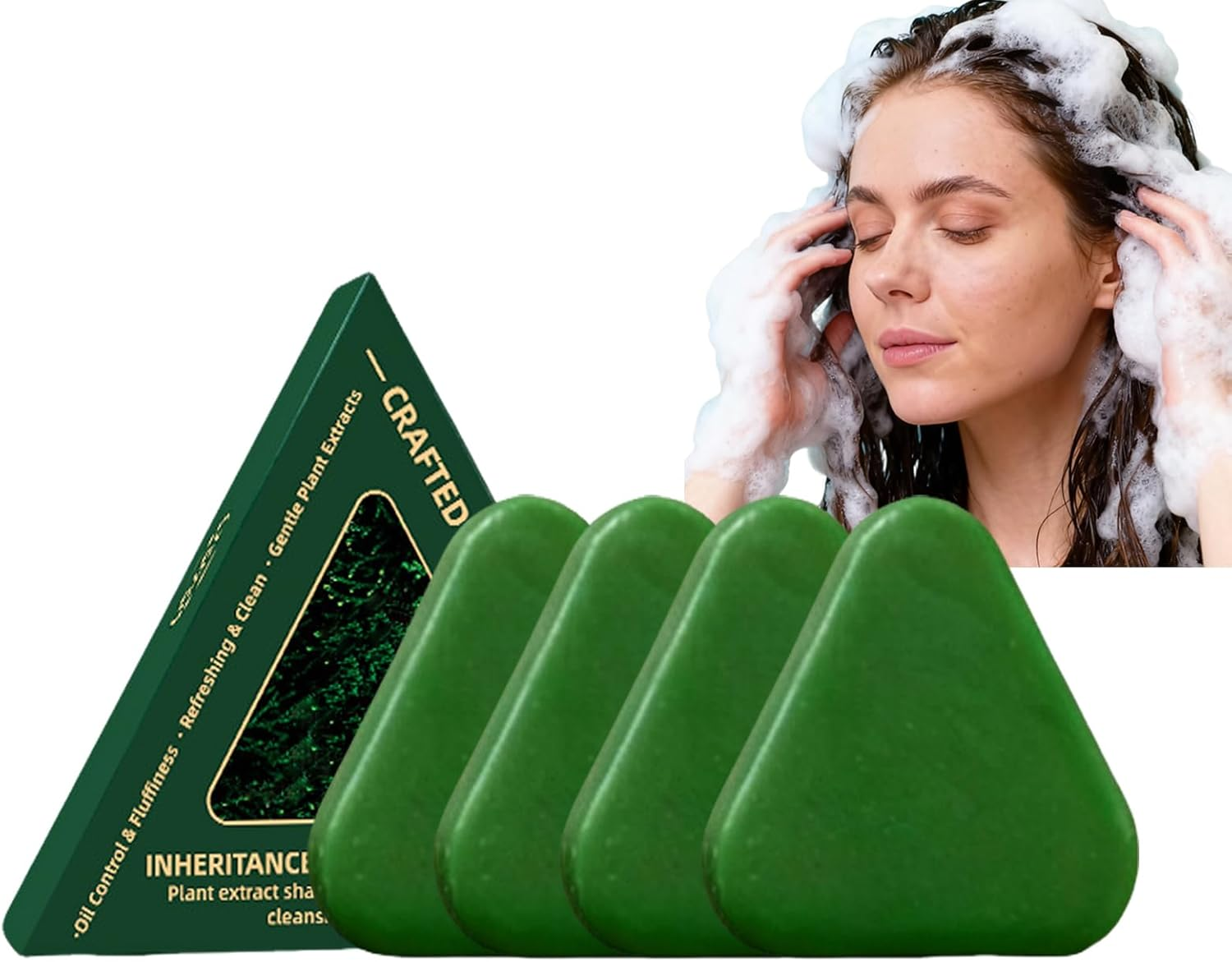 Arborvitae Leaf Solid Shampoo Bar, for Thinning Hair, Increases Volume Hair, Gentle Formulated for All Hair Types, Triangle Green Travel Shampoo and Conditioner (4Pcs)