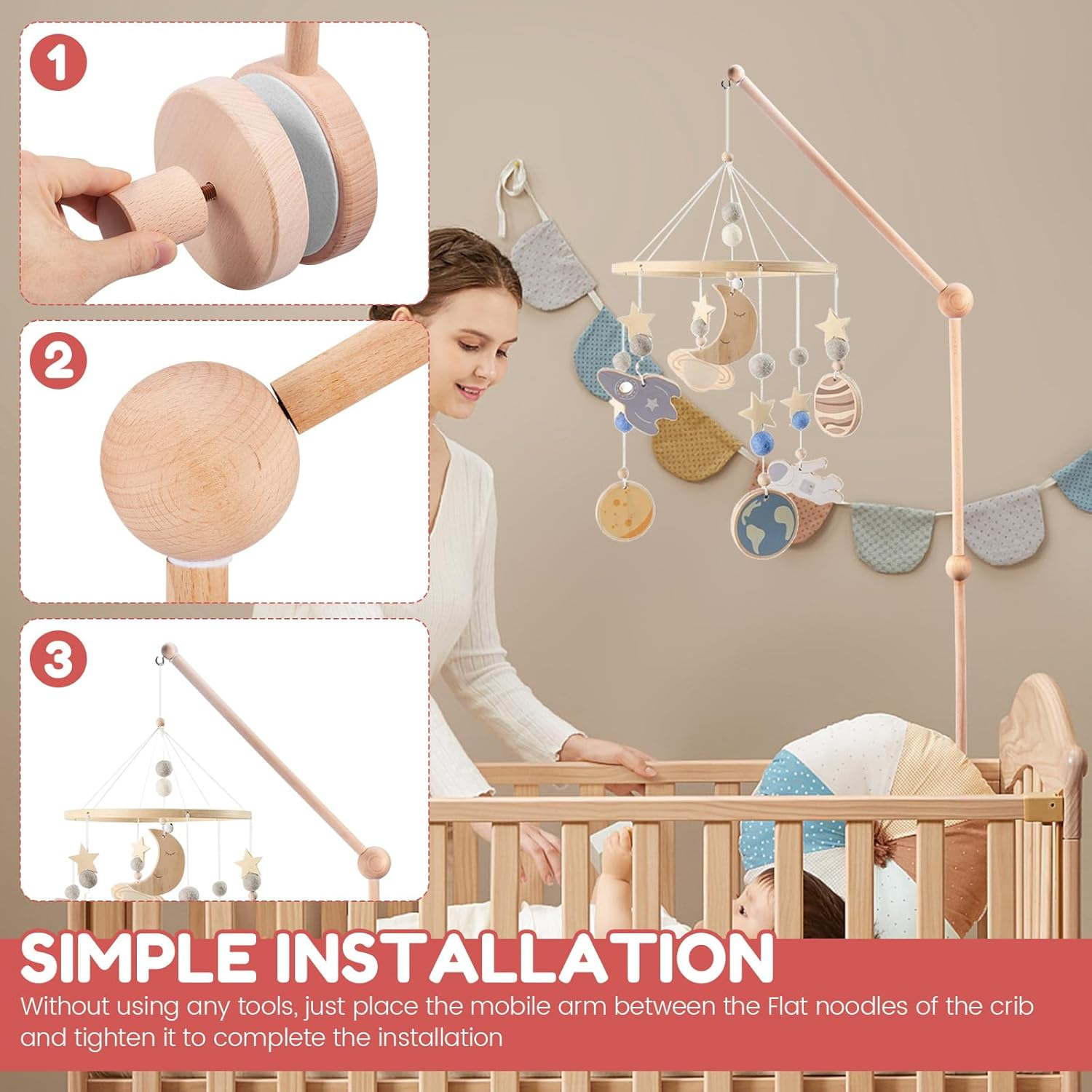 Crib Mobile Stand with Fixed Screw, Premium Smooth Wood Burr Free Widened Base Detachable Stand, with 360&deg; Rotatable Top, Baby Crib Mobile Arm for Home image number 3