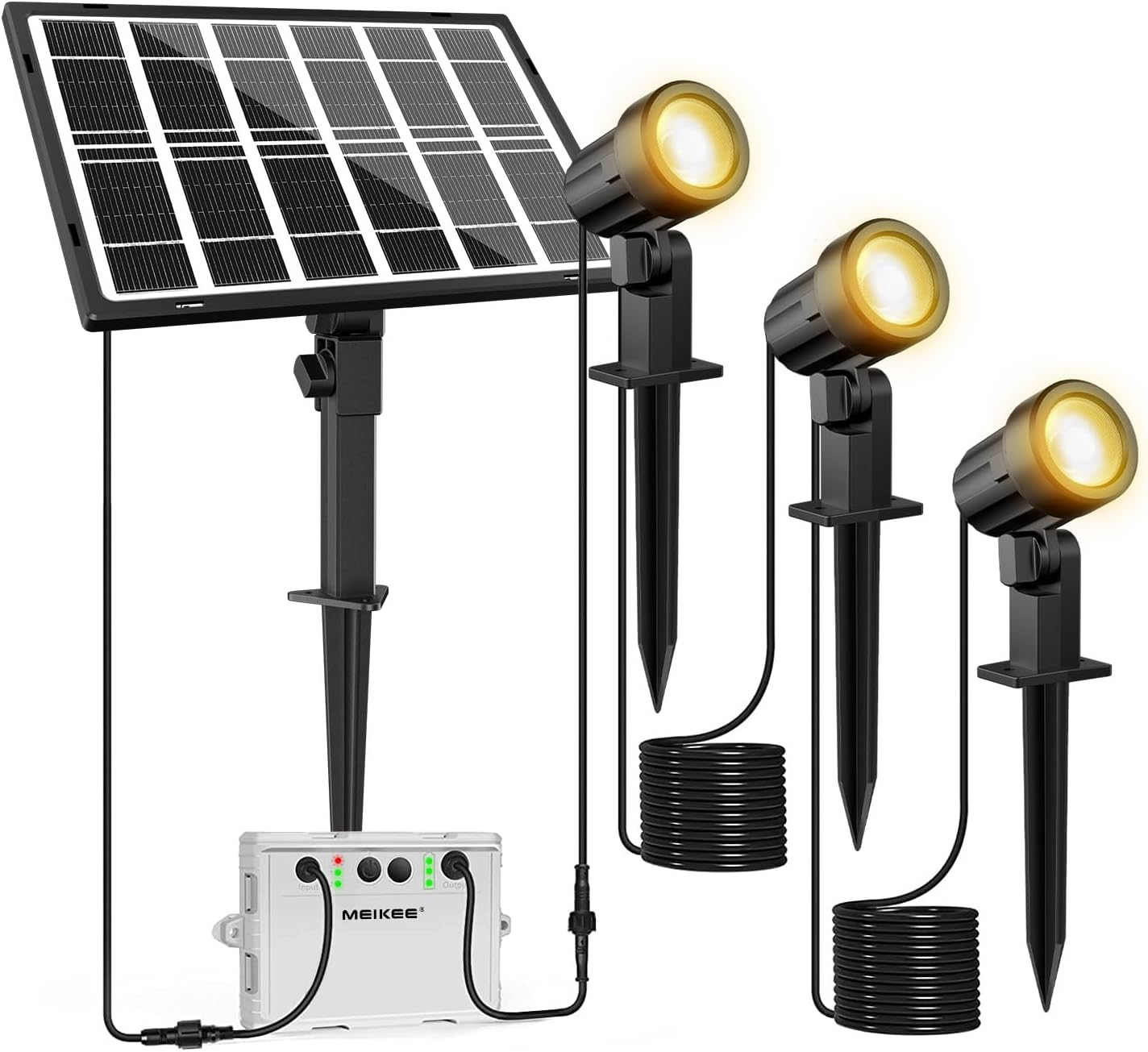 MEIKEE Solar Spot Lights Outdoor 3 in 1 Warm White 3000K LED Spotlights with Solar Panel, 3 Modes & 3 Brightness, IP66 Waterproof, 8-20H Autonomie Landscape Lighting for Garden Yard Lawn Tree Path image number 5