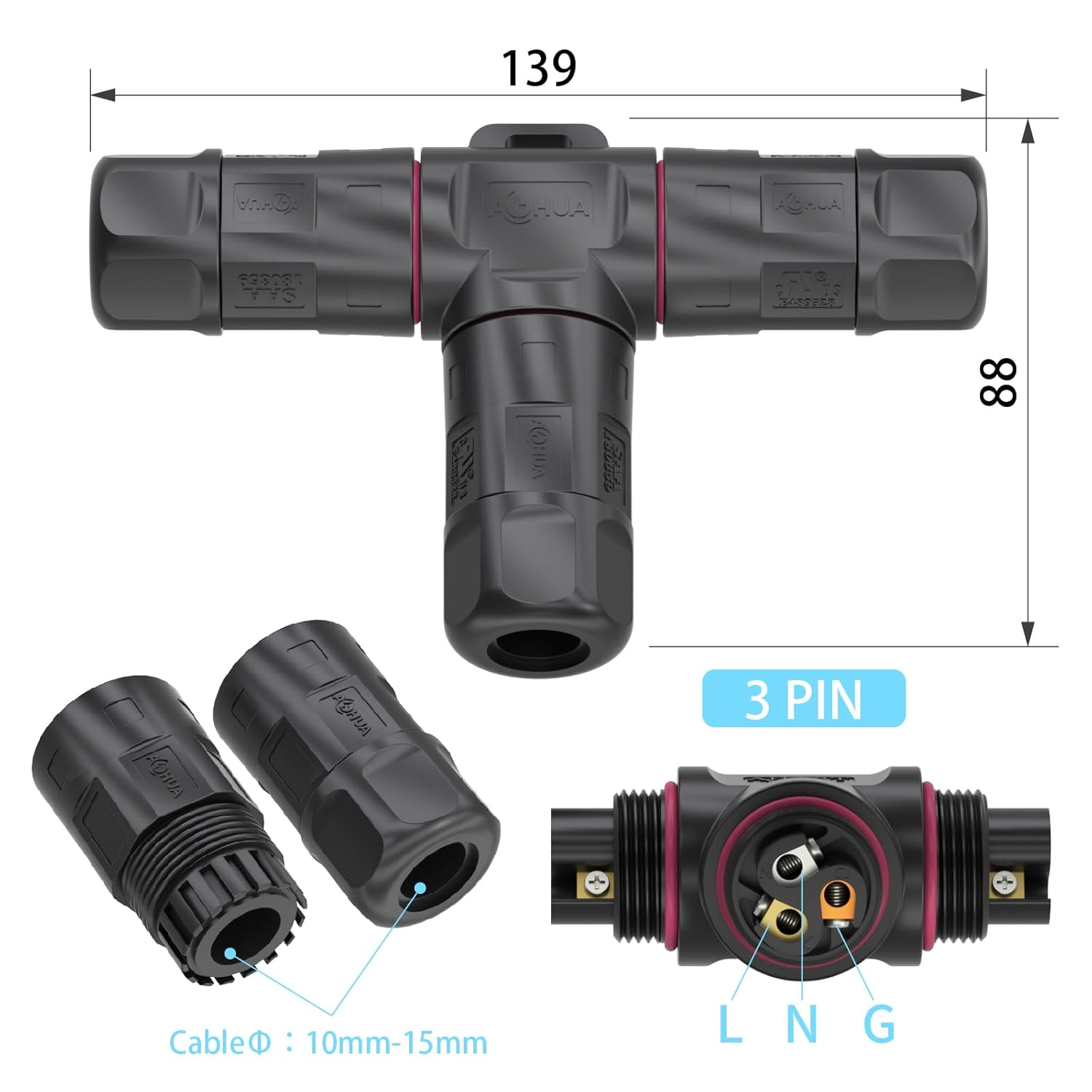 AOHUA 3 Way Junction Box, M23 3-Pin Connector, 500V/35A, IP68 T Shape Waterproof Electrical Wire Connector for &Oslash;10-15Mm Cable, Ul/Saa/Ce/Rohs Certified (1-Pack)(Ah-M23-3503T01122) image number 3