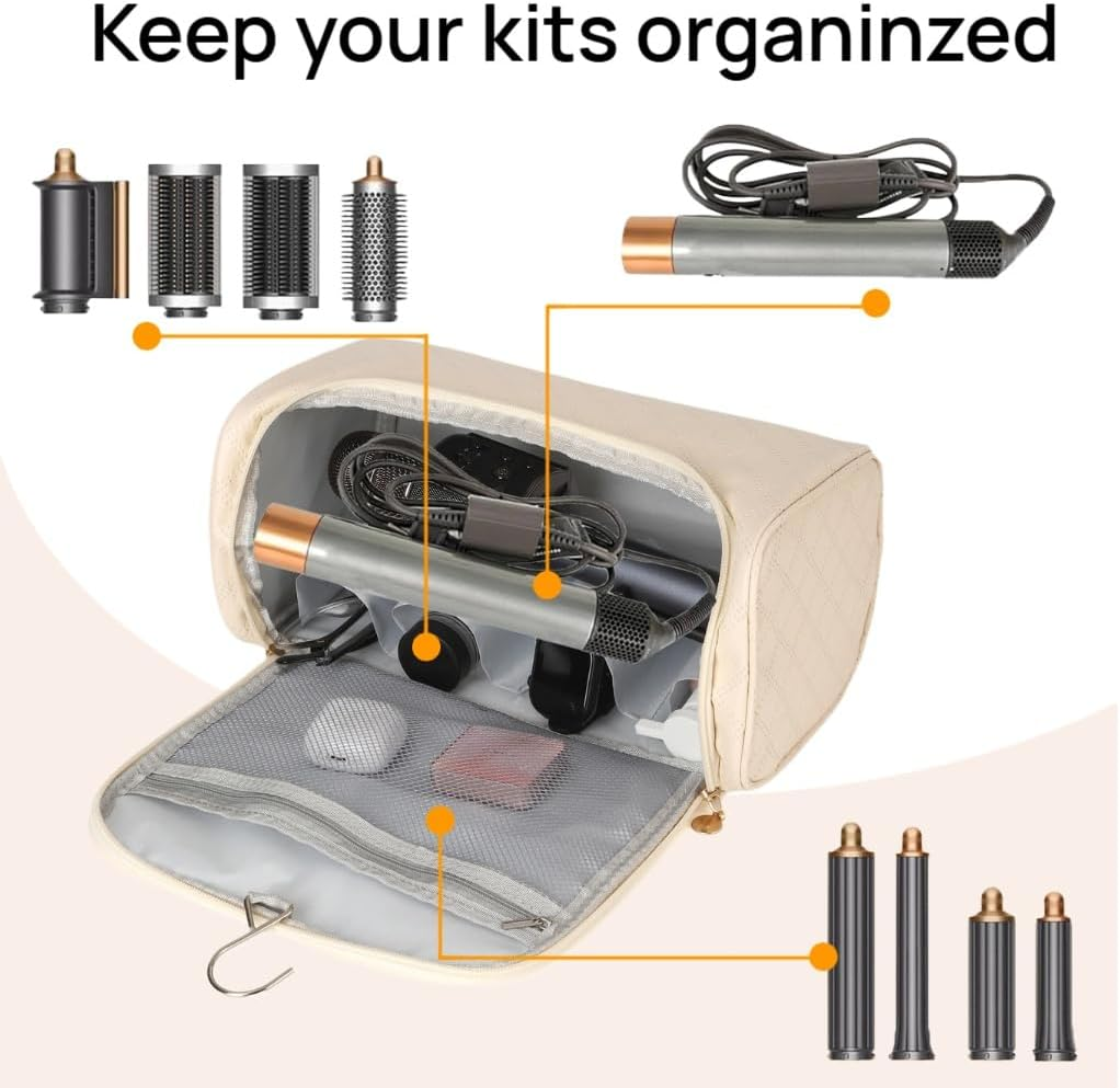 Dongawin Shark Flex Style Case - Premium Leather Travel Bag for Dyson Airwrap & Shark Hair Dryer Airwrap, Waterproof & Easy to Clean with 360&deg; Soft Padding, Lightweight Hair Tools Travel Bag (Cream) - Blue image number 4