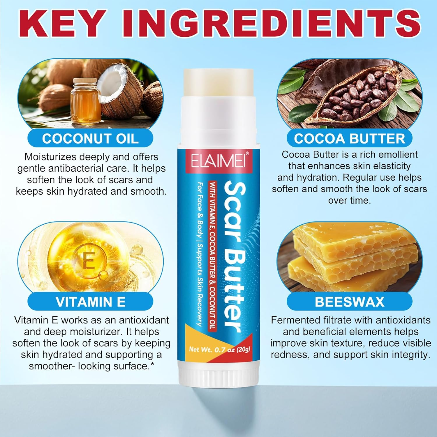 Scar Butter Stick 20G | with Vitamin E, Cocoa Butter & Coconut Oil | Moisturizing Balm for Face & Body | Helps Support Smooth & Nourished Skin image number 5