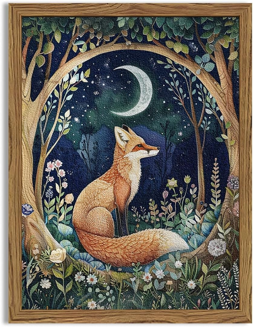 Framed 3D Textured Vintage Wall Art - Cottagecore Hand Drawn Sandstone Fox Paintings Wall Decor, Whimsical Forest Animal Floral Botanical Aesthetic for Bedroom Living Room Nursery 16X24 Inch image number 7