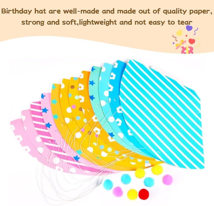 12 Pcs Party Hats Birthday Cone Hats DIY Party Hat with Pom Poms,Lovely Birthday Cake Cone Paper Hats Headbands Decoration DIY Activity Kit image number 1