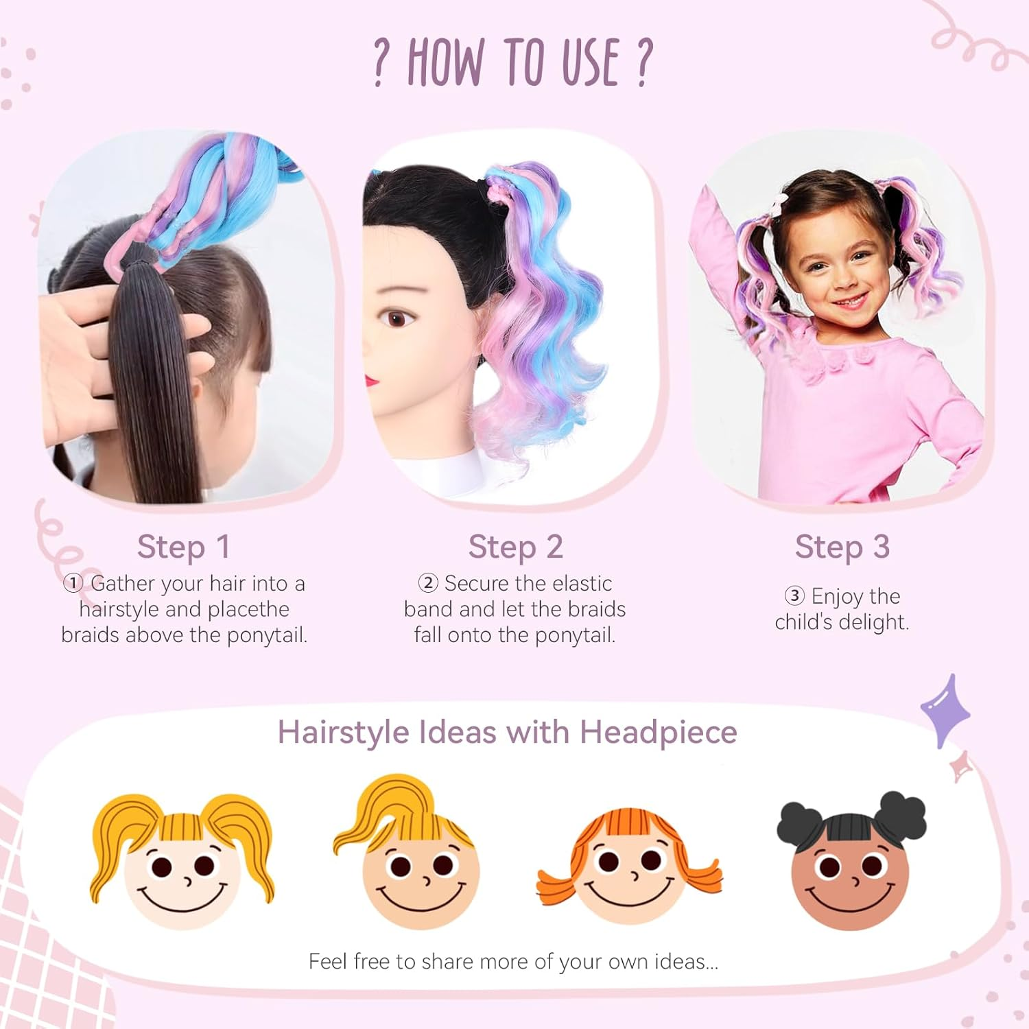 Mini Colorful Rubber Band Ponytail &ndash; Colored Braids Hair Extensions with Rubber Band Playful & Stylish Hair Accessory (Purple)