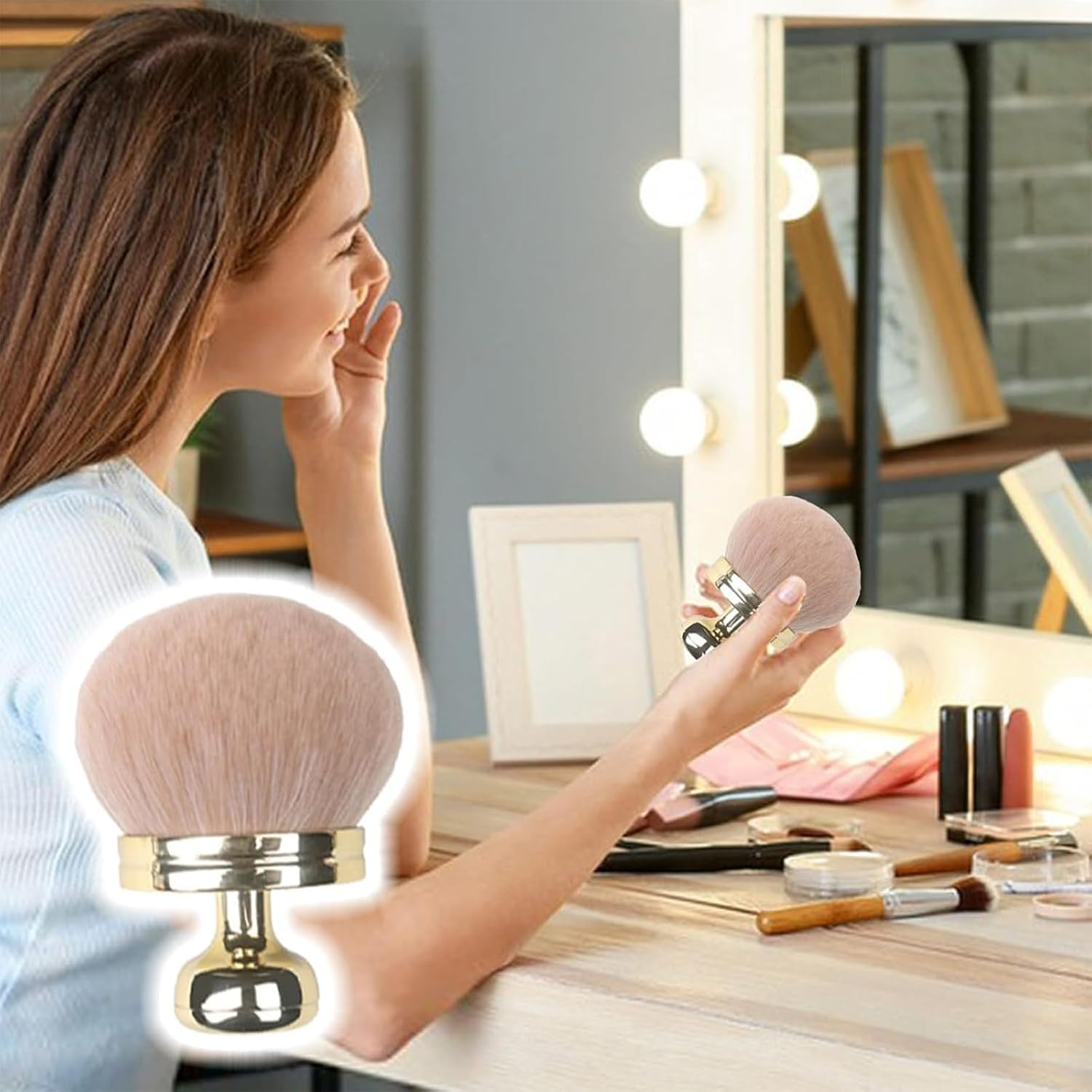 Kabuki Brush, Self-Tanning Brush, Powder Brush, Large Powder Brush, Golden Brush for Flawless Make-Up, Ideal for Face and Body, Perfect for Travel and Home, Perfect Gift for Women image number 5