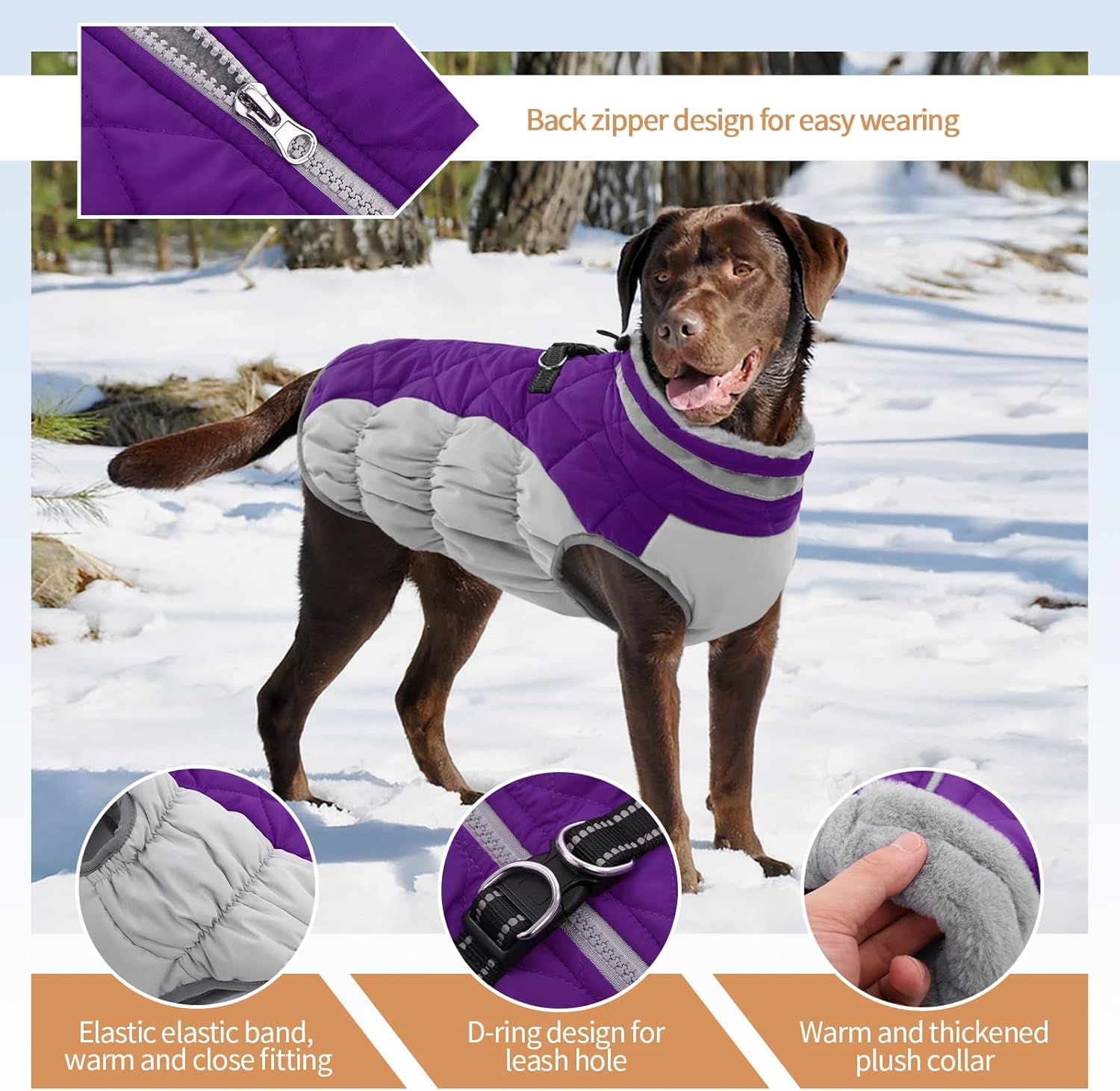 OUOBOB Large Dog Coat, Xxlarge Dog Winter Coat, Waterproof Pet Jacket with Back Zipper,Extra Large Pet Coats, Warm Fleece Jacket with D-Ring, Windproof Winter Clothes Golden Retriever,Purple,Xxl image number 2