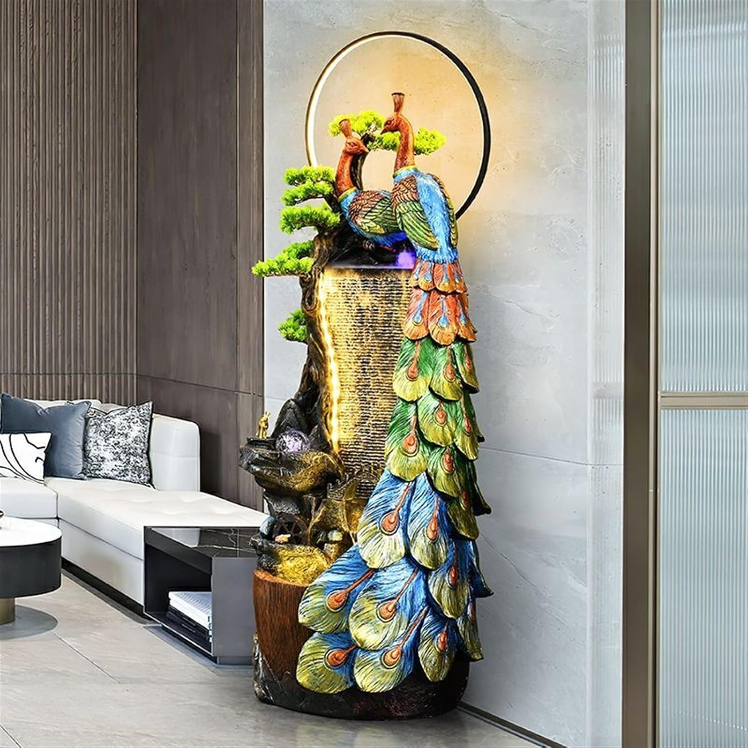 Outdoor Fountain Peacock Entrance Ornament, Large Fountain for Living Room, Resin Indoor with LED Lights, Suitable For, Balcony, Courtyard(63 * 46 * 157Cm) image number 6