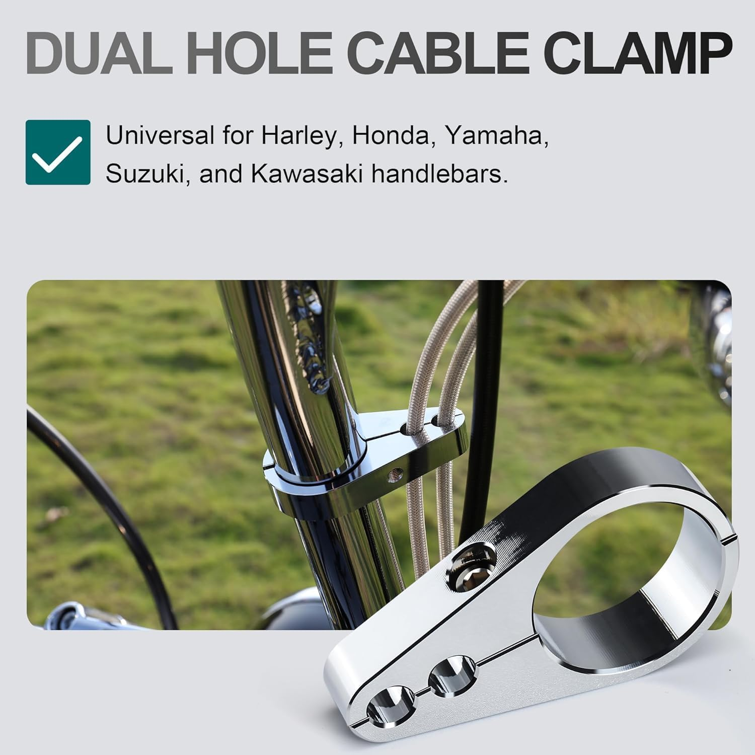 Mokitdora 1.5" Motorcycle Handlebar Clips or Frame Dual Hole Throttle Clutch Cable Brake Line Mount Clamp Universal for Harley 2 Pieces, Chrome image number 3