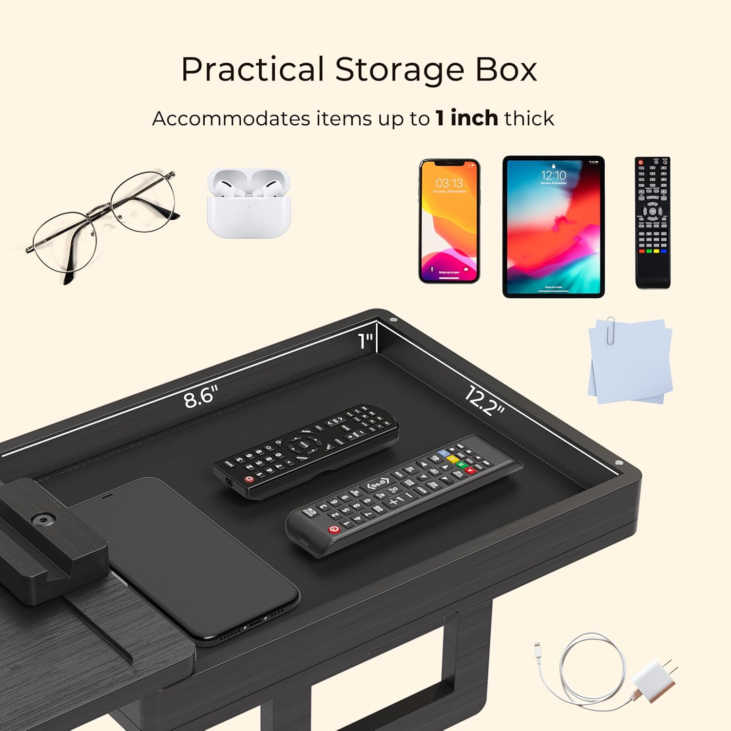 Wealone Black Couch Arm Tray for Wide Couch, Bamboo Sofa Arm Clip Table with Storage Box, Couch Armrest Tray with 360&deg;Rotating Phone Holder, Sofa Arm Table Clip for Eating, Drinks or Dining image number 4