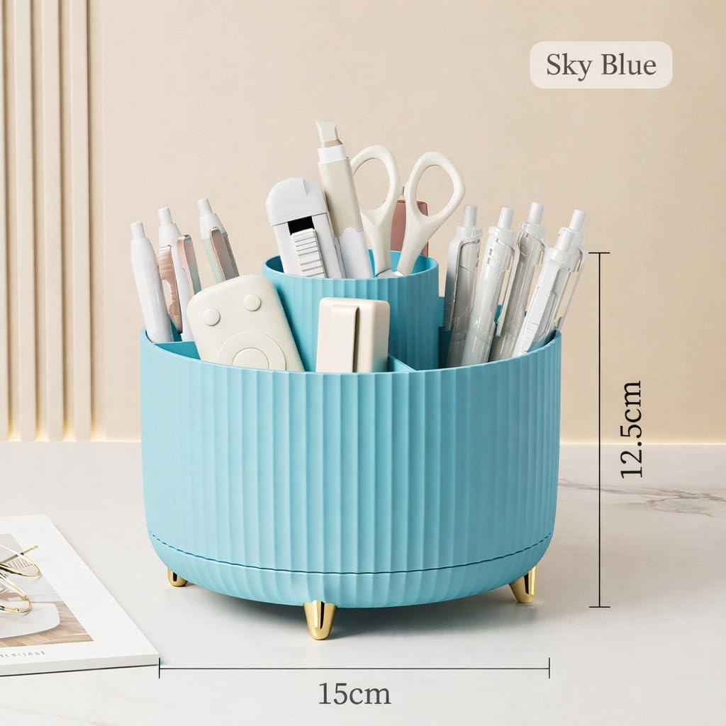 Spinning Makeup Brush Holder, 360&deg; Rotating Makeup Brush Organizer with 5 Slots, Large Capacity Cosmetic Storage Cup for Makeup Brushes, Lipsticks, Nail Polish, Bathroom Vanity Organizer(Sky Blue)